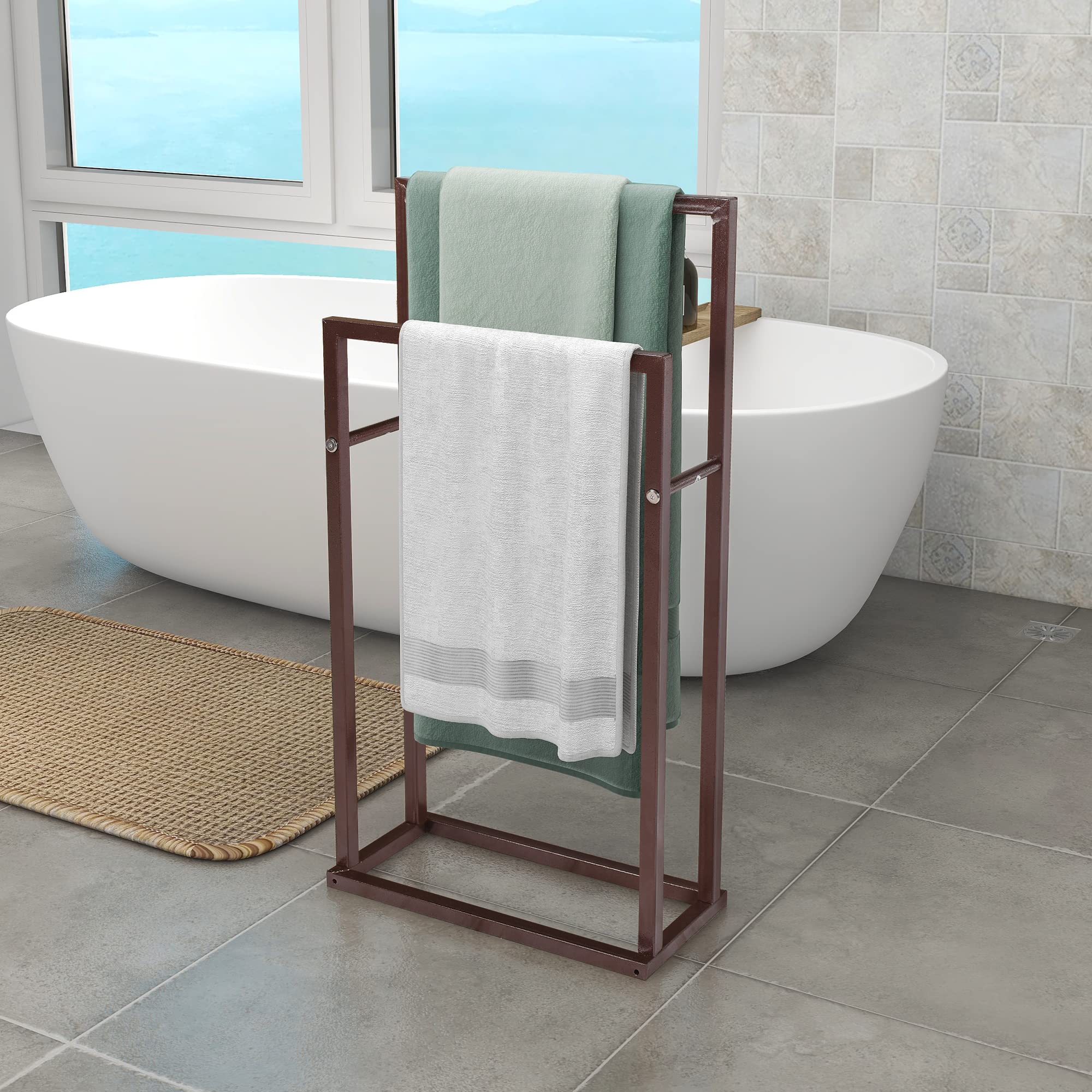BOFENG 2-Tier Chrome Freestanding Towel Rack - Modern Bathroom Storage Organizer for Hand Towels & Washcloths | Space-Saving Drying Rack for Small Bathrooms, Next to Tub or Shower | Rust-Resistant Metal Bath Accessories (Brown) - Perfect for Spa-Like Bathroom Organization & Guest Towel Display