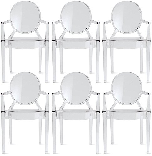 2xhome Set of 6 Modern Glam Designer Louis Ghost Armchairs - Clear Polycarbonate Transparent Plastic Dining Chairs with Back Support, No Wheels - Perfect for Office, Dining Room, Hotel, and Stackable Storage