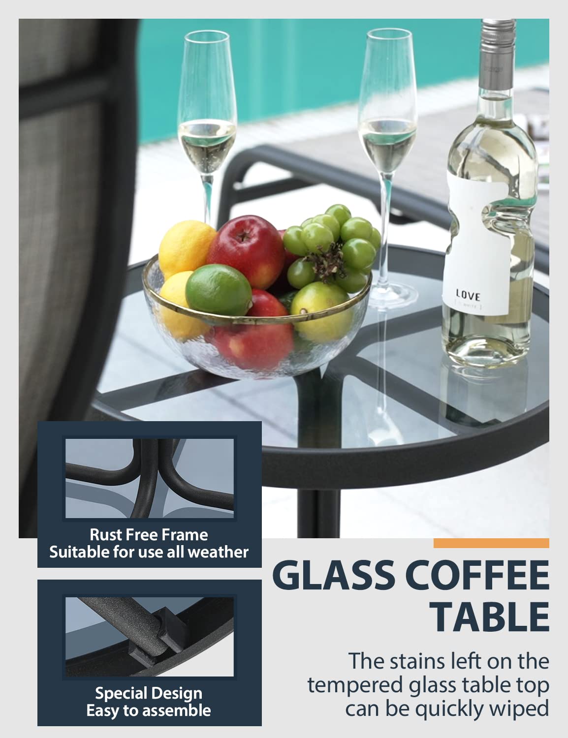 HAPPATIO 3-Piece Outdoor Furniture Set - Glass Top Coffee Table & Breathable Textilene Fabric Pool Lounge Chairs - Gray Patio Chaise Lounge for Backyard, Poolside Relaxation | Perfect for Sunbathing, Outdoor Entertaining & Garden Lounging