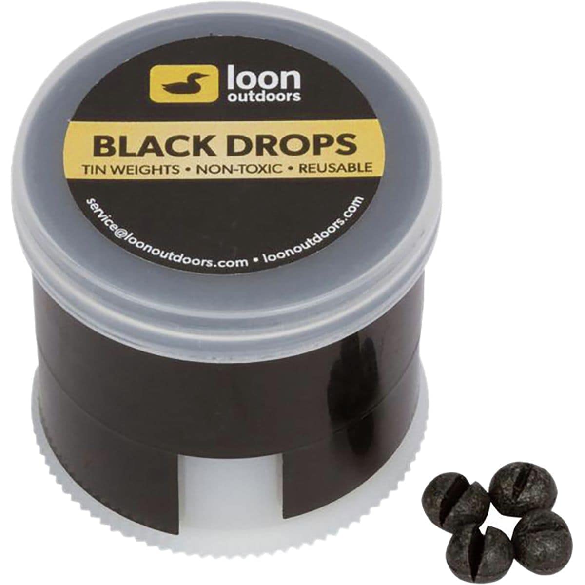 Loon Outdoors Black Drops Split Shot Fishing Weights | Twist Pot Container for Easy Storage | Perfect for Trout, Bass, and Panfish Fishing