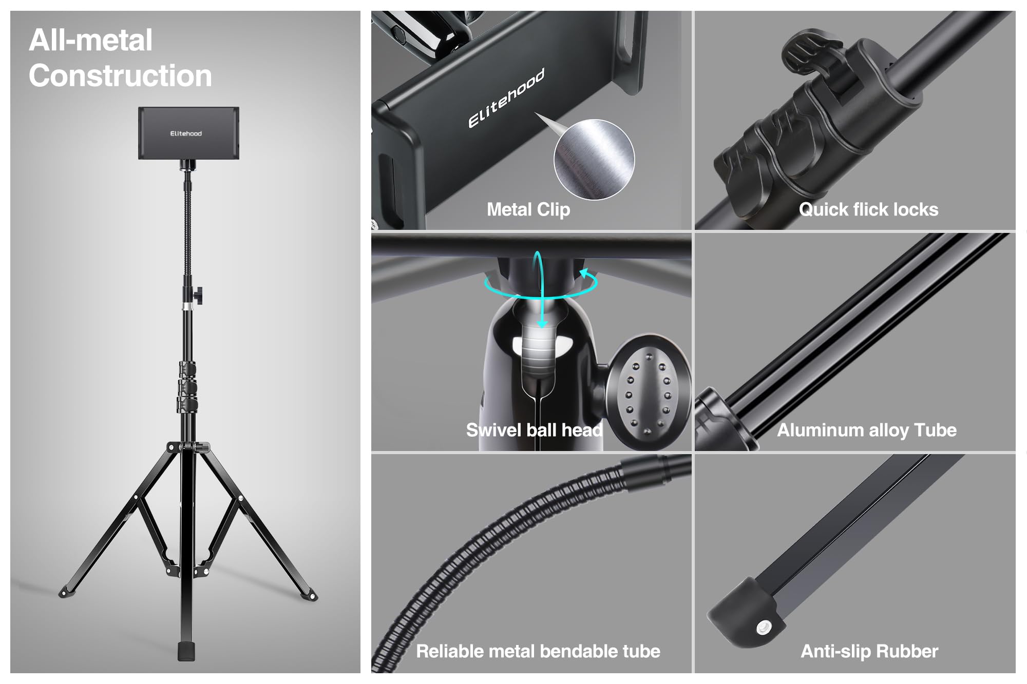 Elitehood Heavy Duty Aluminum iPad Tripod Stand - Adjustable 72
