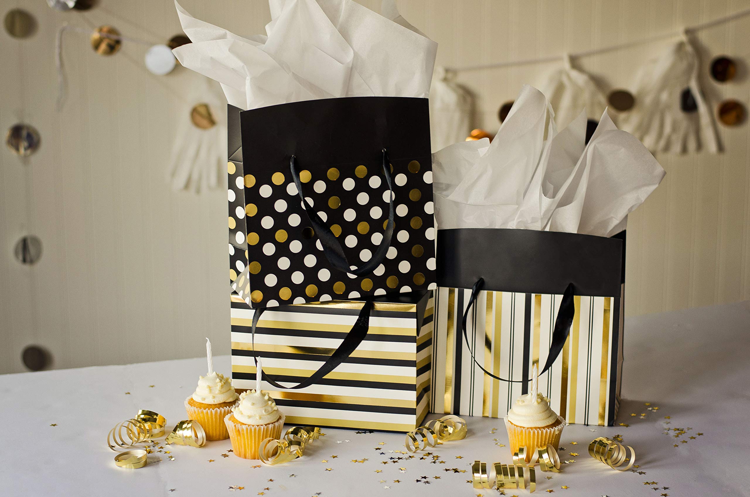 Elegant Gold & Silver Polka Dot Chevron Striped Gift Bags & Gift Boxes - Perfect for Party Favors, Birthday, Wedding, Holiday Gifts & Goodie Bags - Great for Baby Showers, Bridal Events & Corporate Gifting
