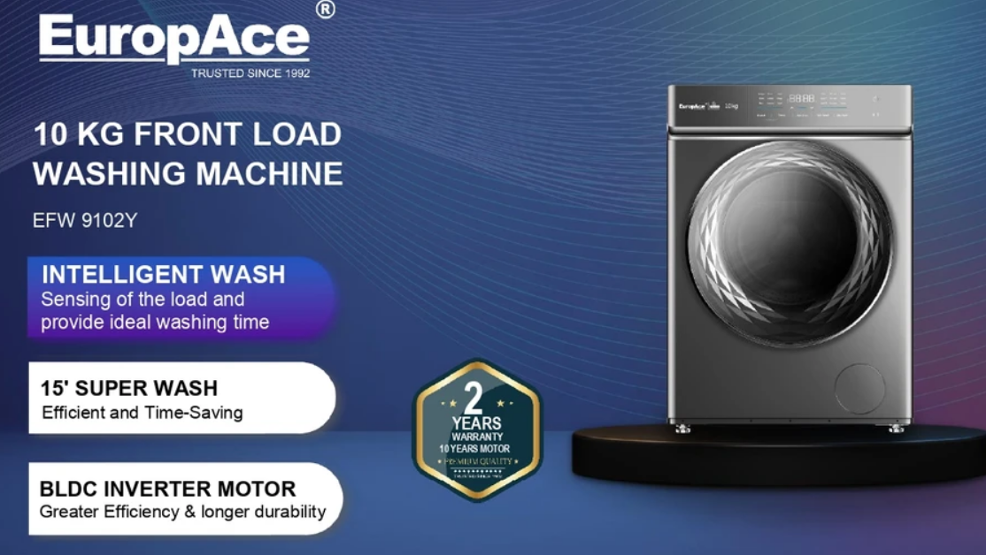 EuropAce EFW 9102Y 10kg Front Load Washing Machine - Energy Efficient, Quiet Operation for Apartments & Small Homes