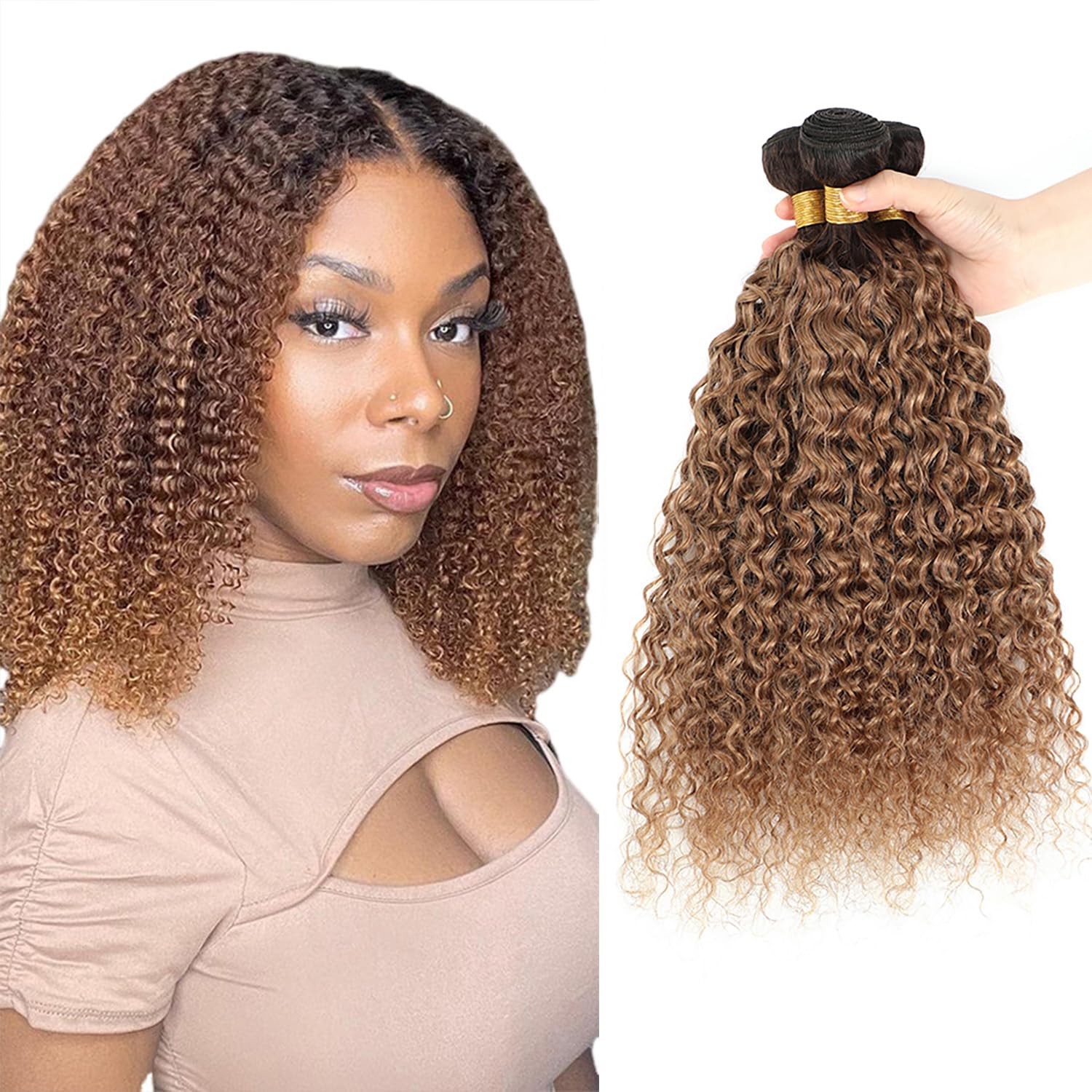 100% Unprocessed Brazilian Virgin Human Hair Weave Bundles - 3 Bundles Kinky Curly 2 Tone Ombre (T4/30 Medium Brown/Medium Auburn) 22