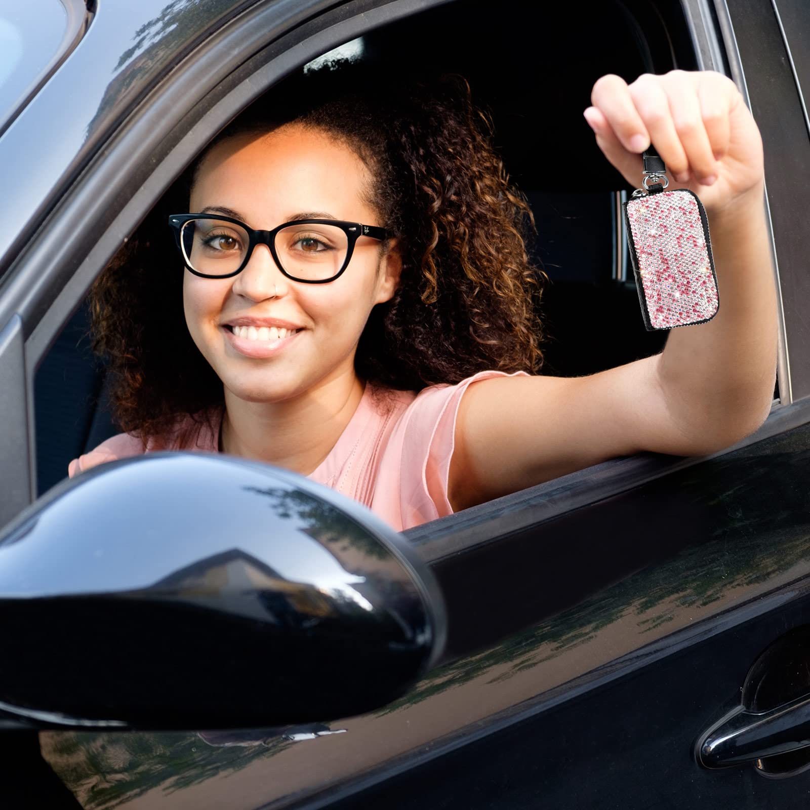 5-Pack Pink Leather Car Key Case with Metal Hook & Keyring - Bling Crystal Keychain Holder for Remote Key Fobs, Zipper Pouch Bag - Perfect for Women's Handbags, Purse Charms & Auto Key Organization