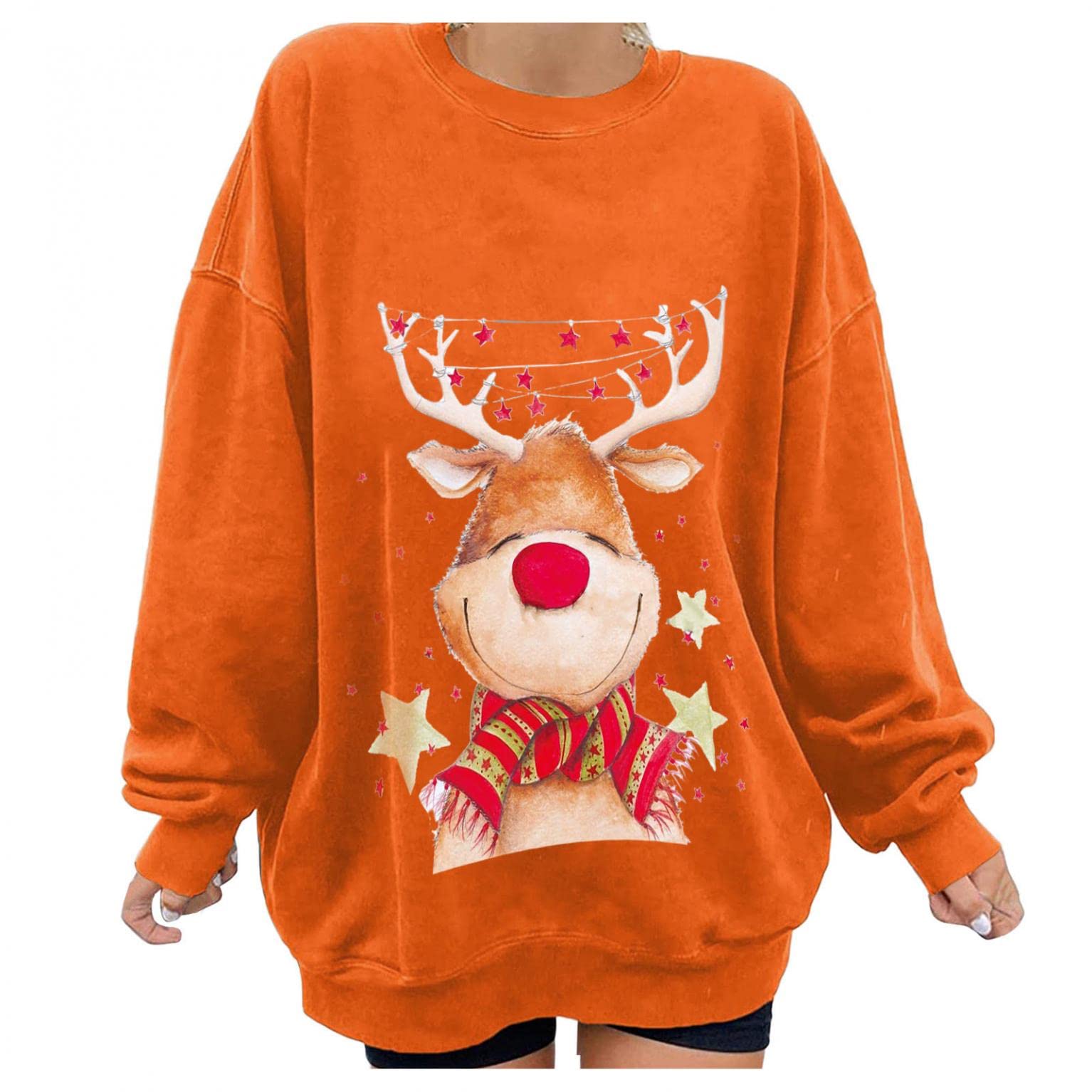 Women's Christmas Tops - Oversized Cute Elk Print Long Sleeve Shirts & Blouses for Casual Wear | Holiday Party, Gift Giving & Cozy Winter Outfits