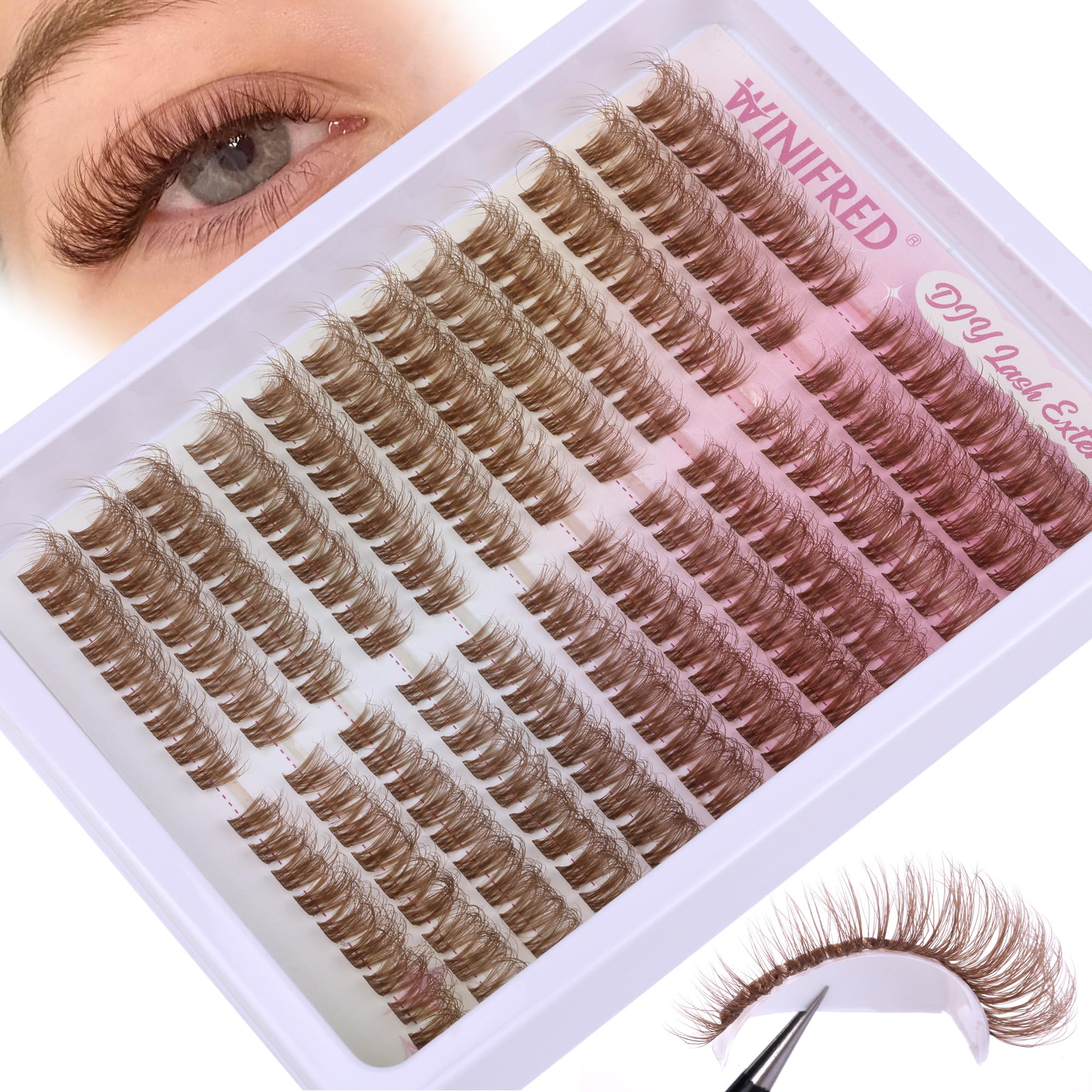 Natural Fluffy Brown Eyelash Clusters - 7-14mm Mink Lashes with Clear Band for Cat Eye Look | Individual Wispy Lash Extensions by Winifred | Perfect for Weddings, Parties & Everyday Glam