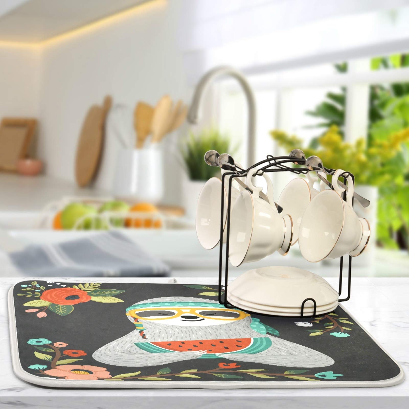 Watermelon Sloth Kitchen Dish Drying Mat 16x18 Inch - Absorbent Countertop Drying Pad for Dishes | Summer Kitchen Decor | Easy to Clean & Reusable | Perfect for Kitchen Counter, Sink Area & Dining Table