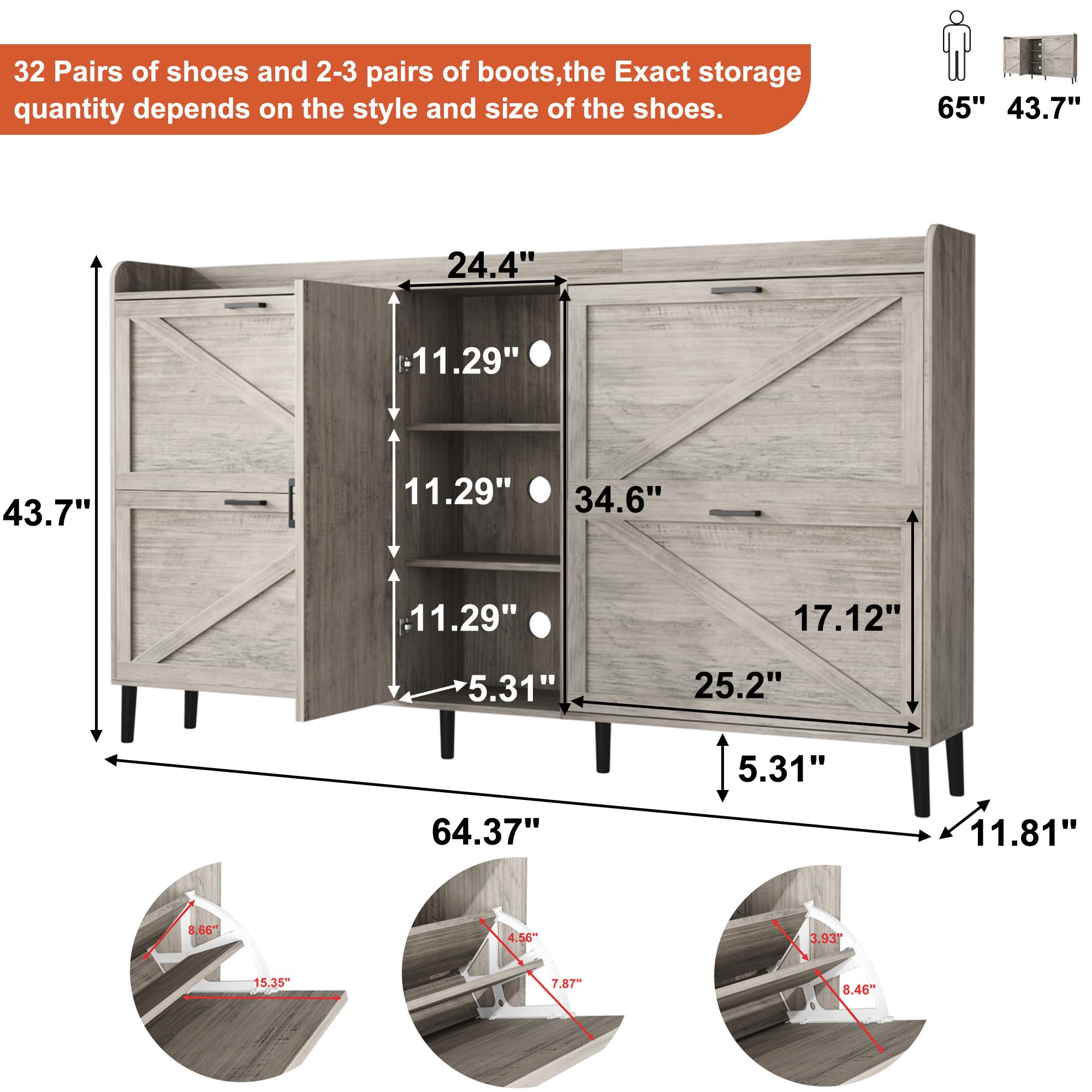HOMEFORT Large Shoe Cabinet with 4 Flip Drawers - Farmhouse Narrow Entryway Shoe Organizer | Adjustable Side Cabinet for Boot Storage | 6 Wood Legs in Washed Gray | Perfect for Small Spaces, Hallways & Mudrooms