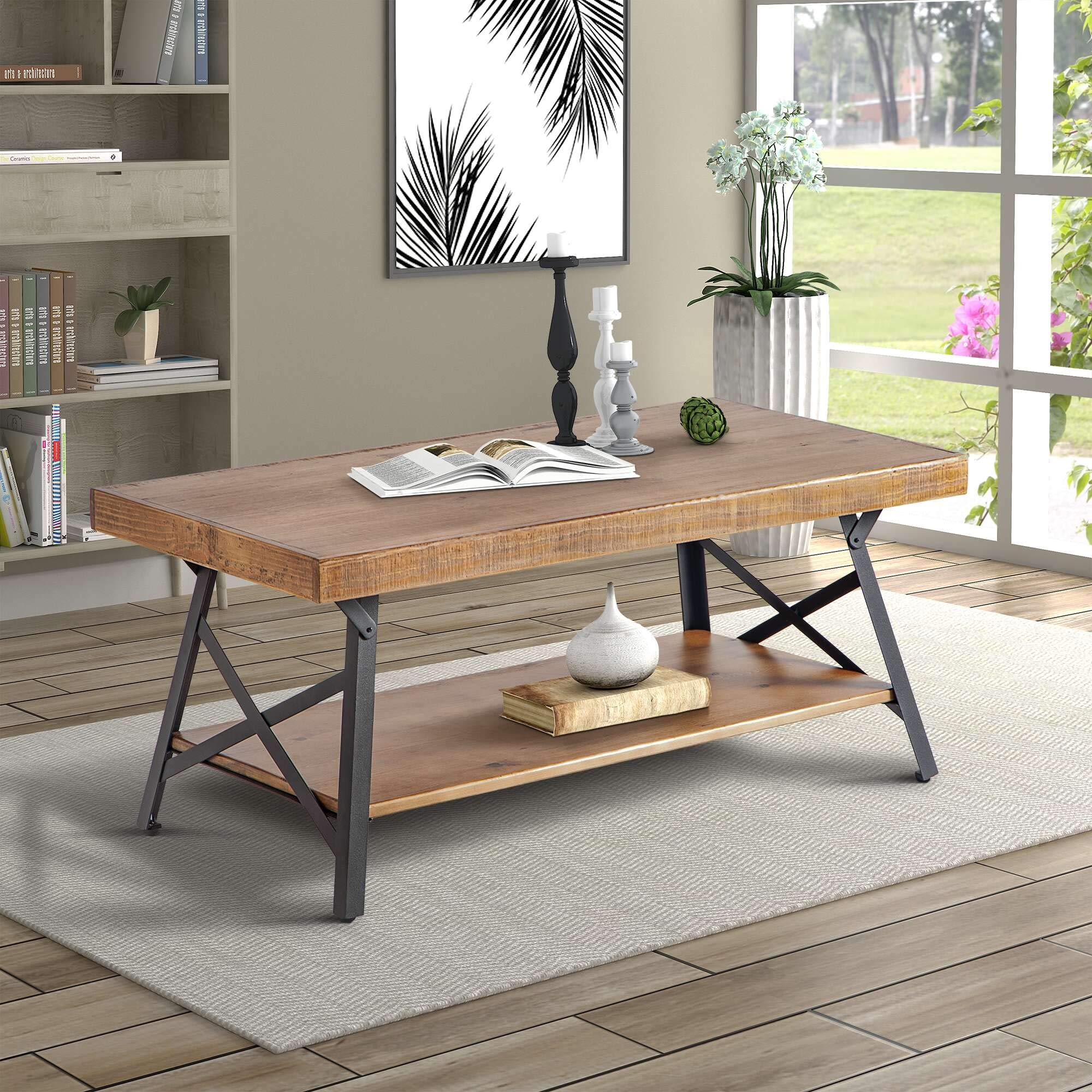 Rustic Industrial Solid Wood Coffee Table with Metal Legs & Storage Shelf - 43 Inch Modern Farmhouse Living Room Furniture for Home Decor & Small Space Organization