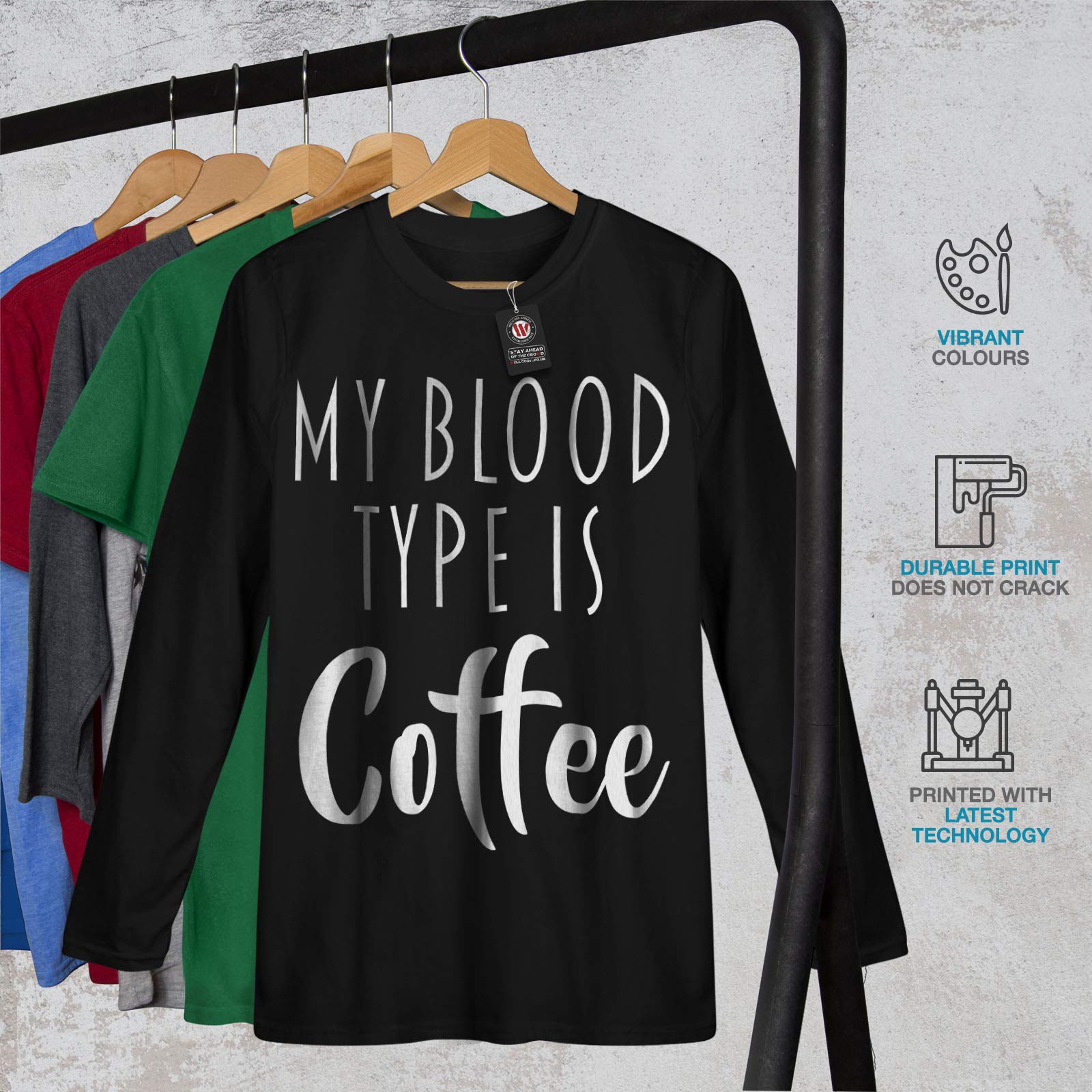 Wellcoda Men's Blood Type Long Sleeve T-Shirt with Coffee Print - Casual Streetwear