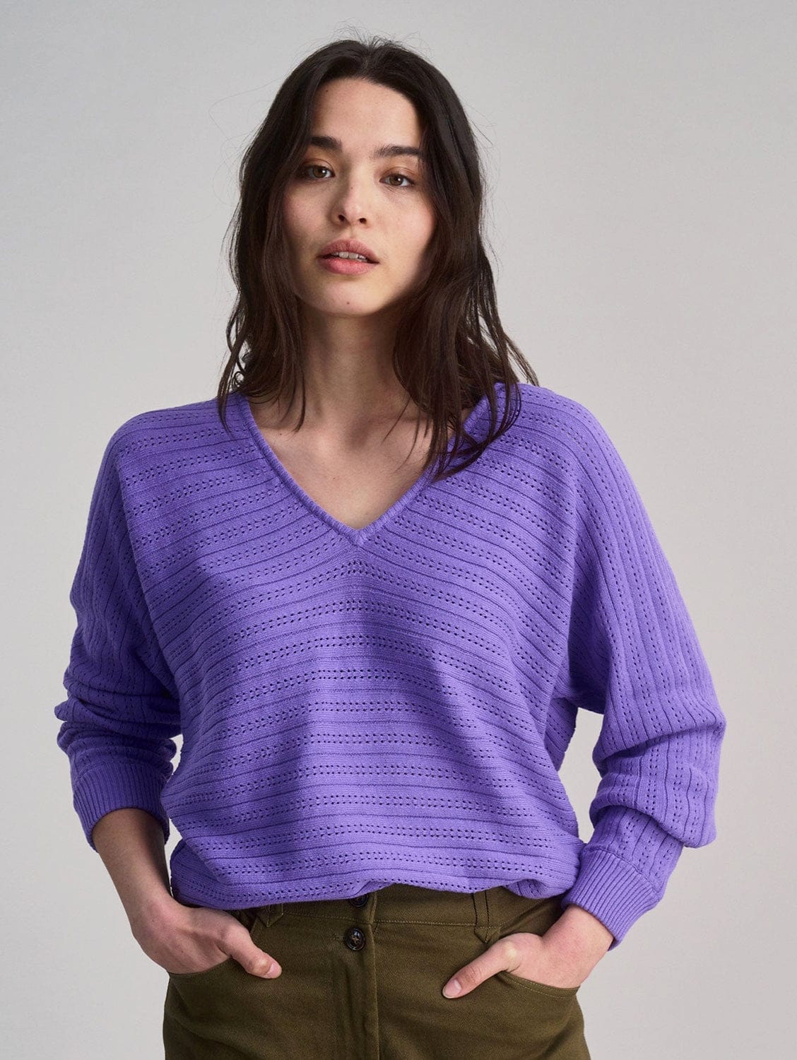 Organic Cotton Pointelle Knit Jumper for Women - Soft & Breathable Lavender Sweater | Perfect for Casual Wear, Layering & Cozy Fall Outfits