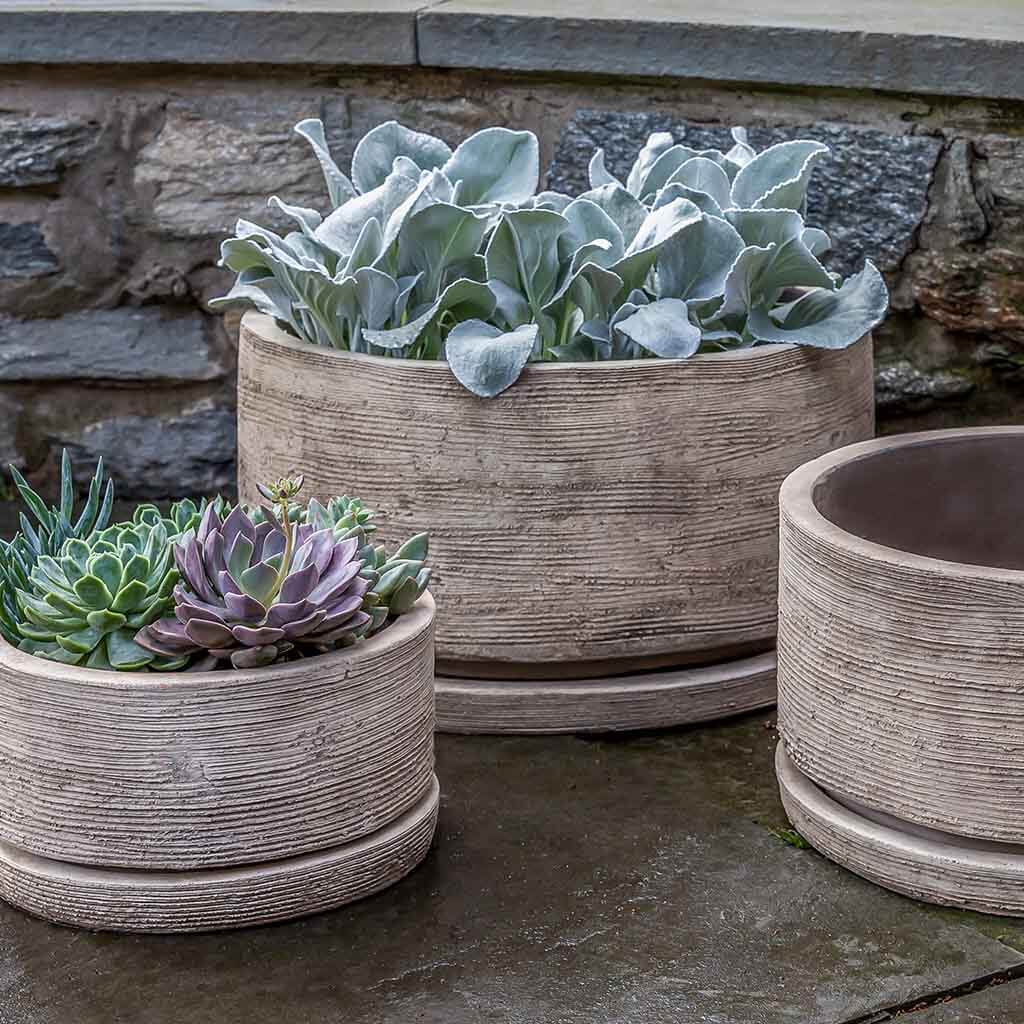 Campania International Sgraffito Low Planter Set of 3 - Antico Terra Cotta Flower Pots for Indoor Plants, Succulents & Home Decor | Perfect for Windowsills, Tabletops & Garden Accents