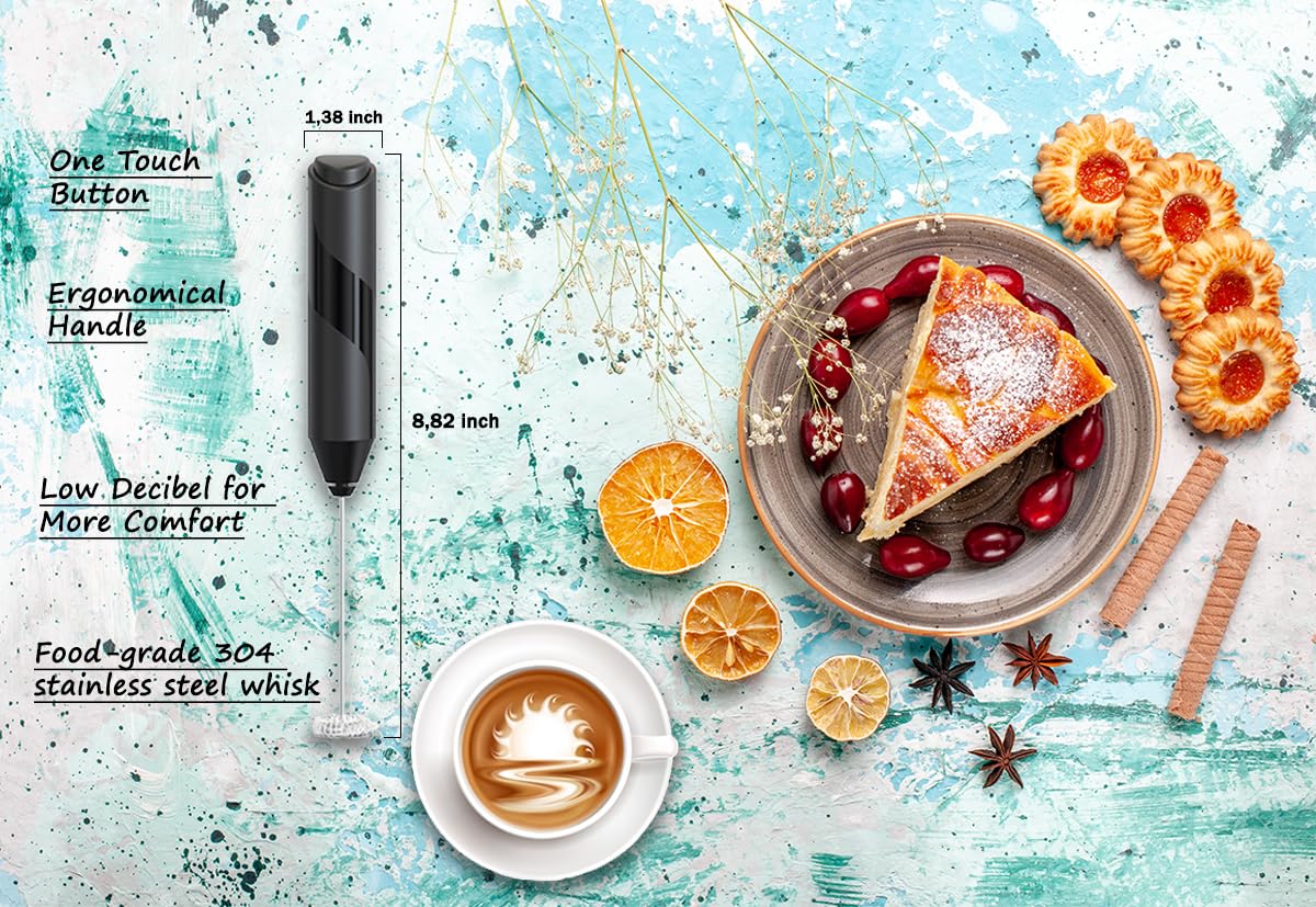 Electric Milk Frother Wand with Stand - Battery Operated Handheld Drink Mixer for Coffee, Latte & Cappuccino - Perfect for Home, Office & Cafe Use