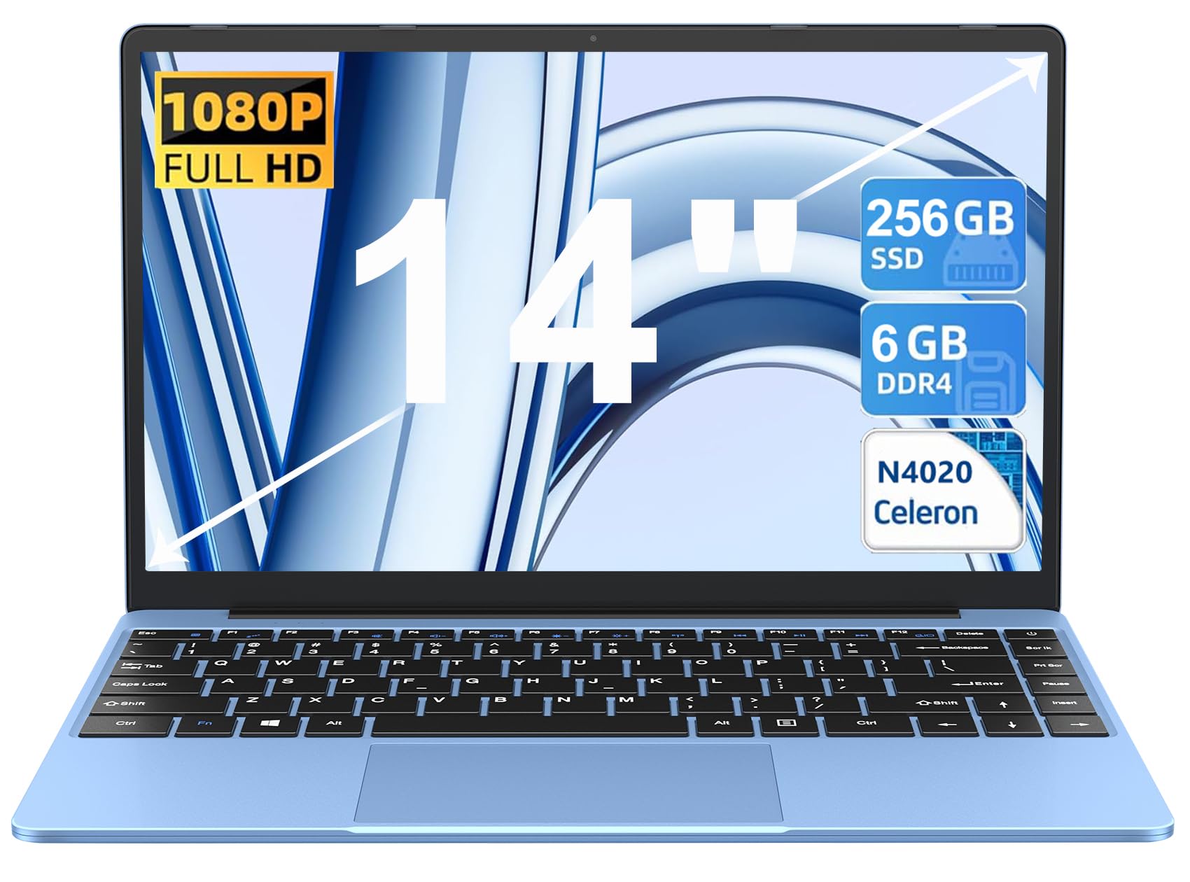 AOCWEI 14 Inch Laptop with Intel Celeron N4020 Processor (Up to 2.8GHz), Windows 11, 5G WiFi 6, 256GB SSD + Expandable 1TB Storage, 1920x1080 FHD Display, Bluetooth 4.2, Mini Multimedia Port - German Keyboard (Blue) | Perfect for Home Office, Online Learning & Business Travel