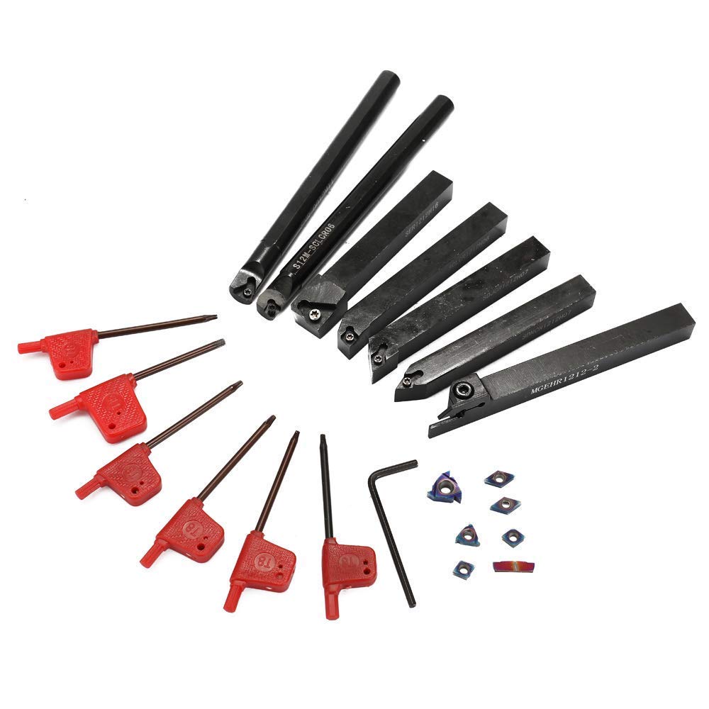 12mm Turning Tool Set with Blue Carbide Insert - 7PCS Lathe Boring Bar Holder, 12mm Shank for Metal & Steel DIY Projects - Perfect for Precision Turning, Facing, and Threading on Lathes