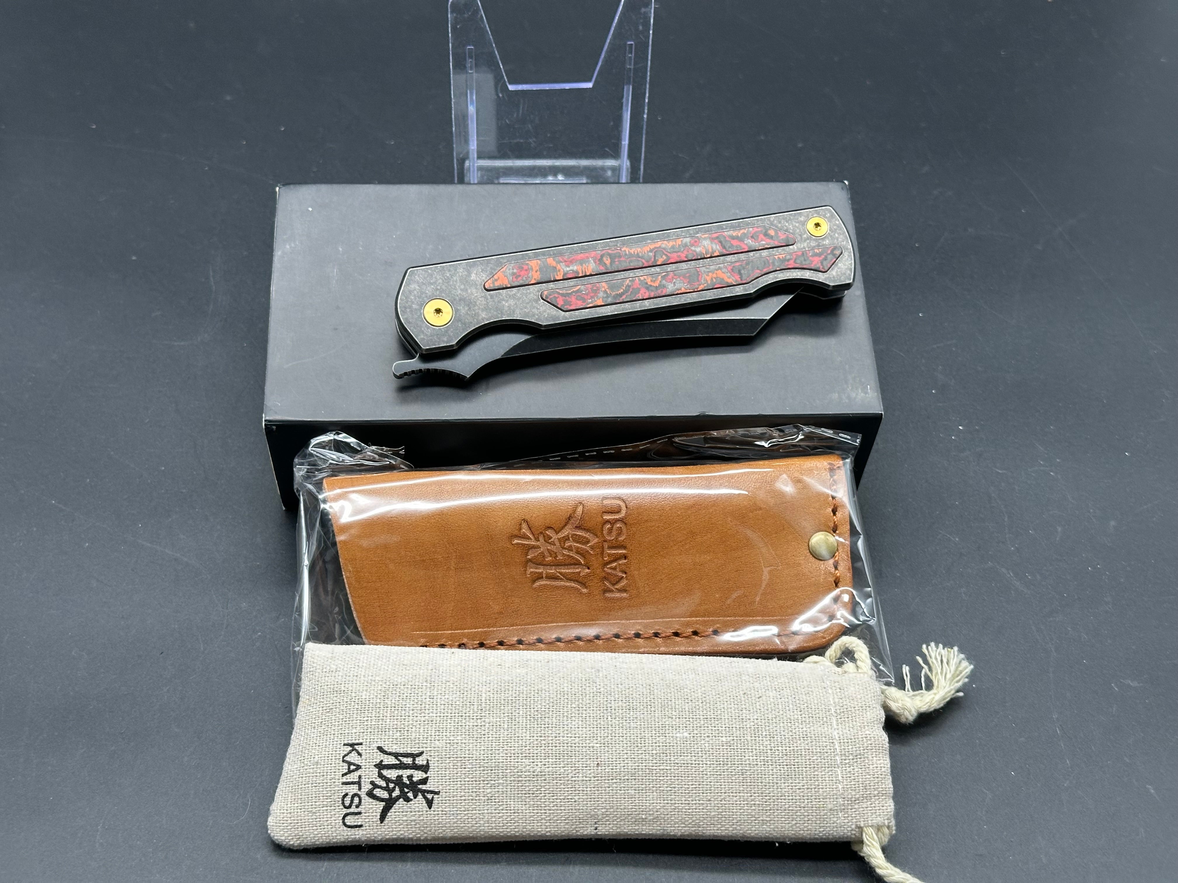 KATSU JT03 Folding Knife - CPM S35VN Stonewashed Blade, Titanium Handle with Mars Valley Fat Carbon Fiber Inlay | EDC, Outdoor, Camping, Survival Gear