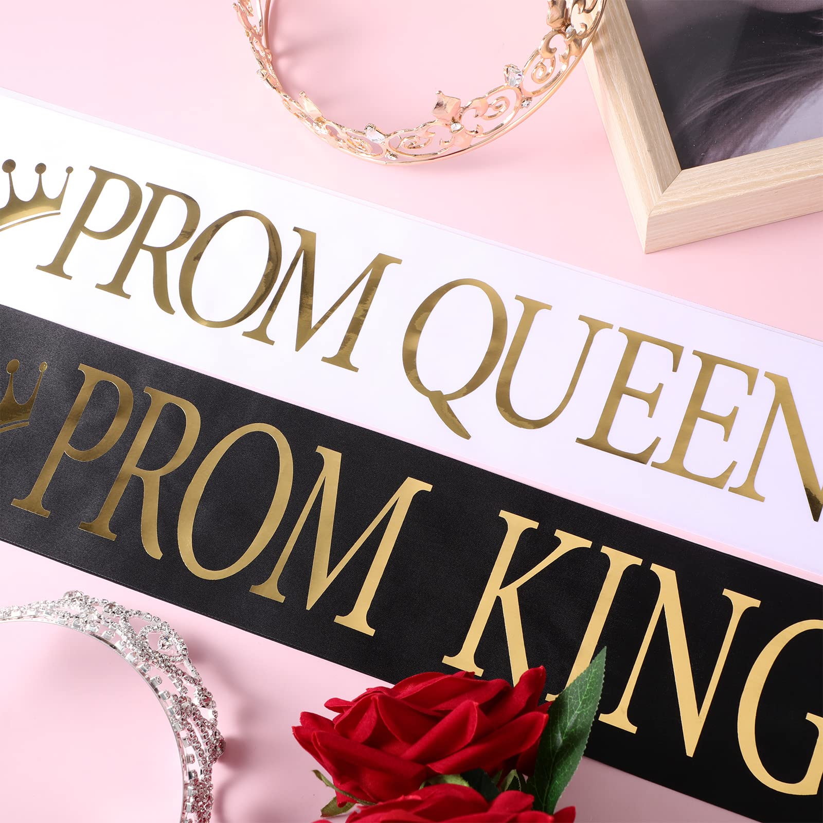 Saintrygo 80s Prom King & Queen Crown Set - Shiny Satin Tiara & Sash for Adults (4-Piece Modern Style) - Perfect for 2025 Graduation, Cosplay, Themed Parties & Retro Prom Events