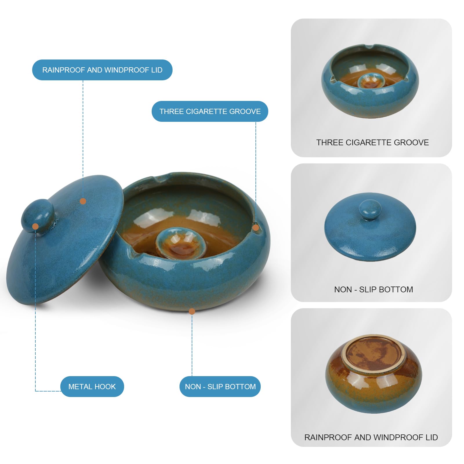 Windproof Ceramic Ashtray with Lid 2 Pack - Heavy Duty 4.3 Inch Indoor Outdoor Ashtray, 3-Compartment Smokers Holder - Perfect for Desktop, Patio, Bar, Office, Home & KTV Decor - Ideal Gift for Men & Modern Home Accessories