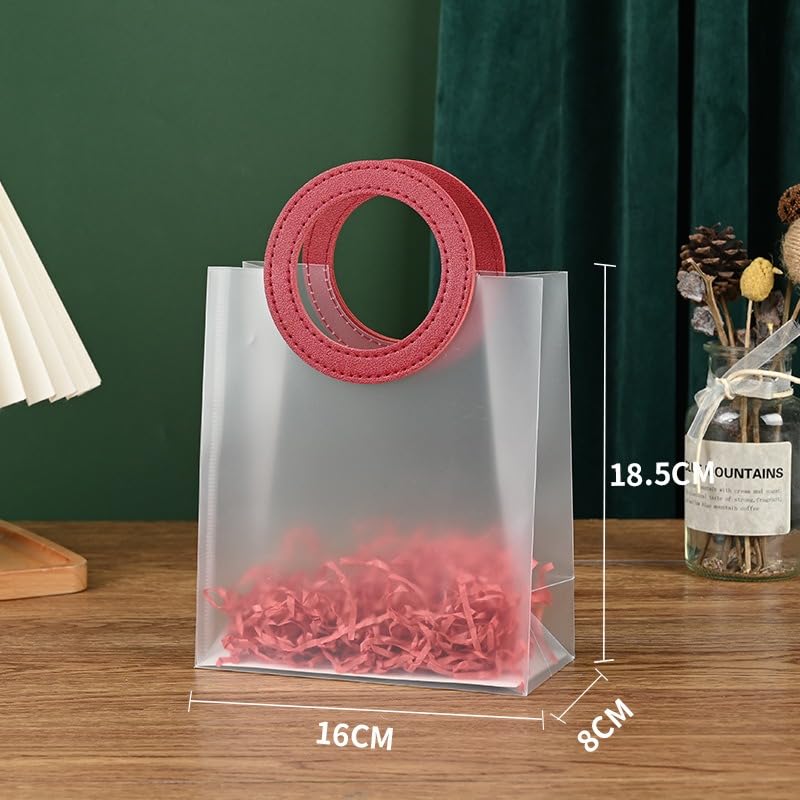 6-Piece Transparent Gift Bags with Round Leather Handles - Valentine's Day, Wedding, Party Favor, Shopping & Hamper Bags (Red, 18.5