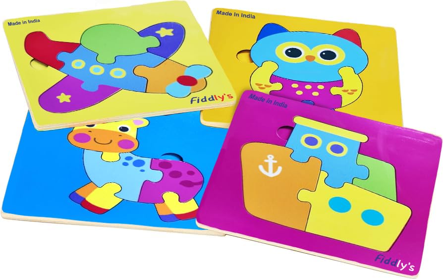 Fiddlys 3D Wooden Jigsaw Puzzles for Kids - 4 Pack Cute Baby Animal & Ship Cartoon Puzzles - Educational Learning Toys for Toddlers & Children - Perfect for Birthday Gifts, Classroom Activities & Family Game Night