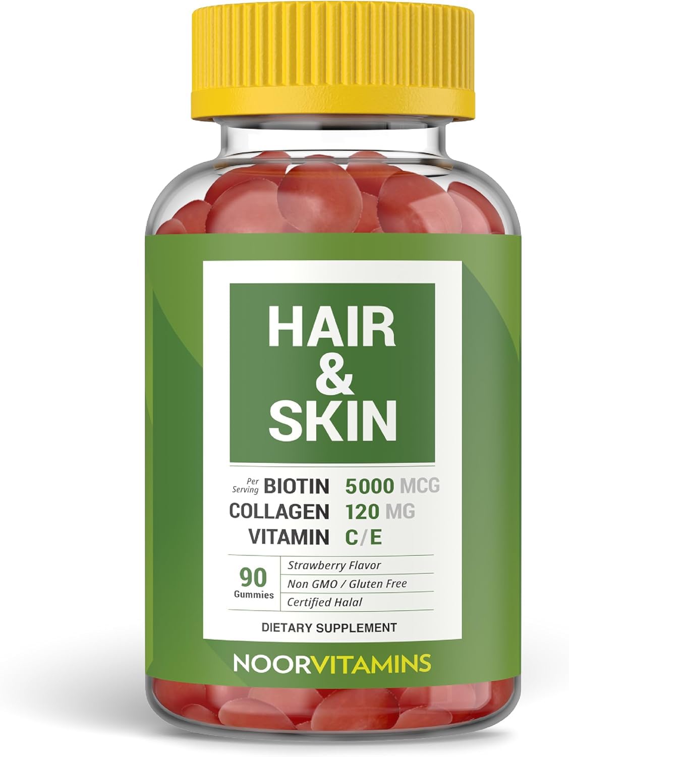 Halal Hair Vitamins with Biotin, Collagen & Silica - Natural Strawberry Gummy for Hair Growth, Skin & Nails - Vitamin C & E Enriched, GMO & Gluten Free, Halal Certified (90 Count) - Perfect for Daily Beauty Routine & Healthy Lifestyle