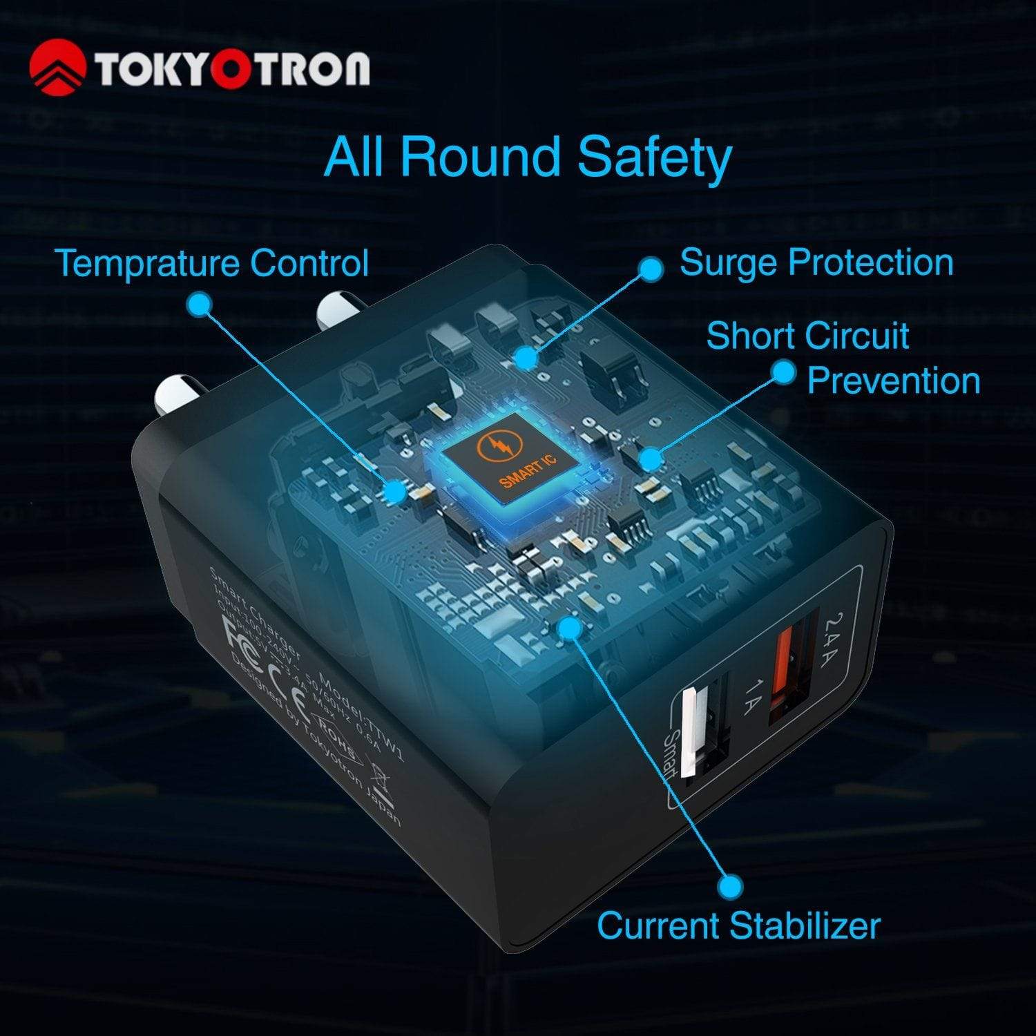 Fast Charging Tokyotron 2-Port USB Wall Charger for iPhone, Samsung & Android Phones - Perfect for Home, Office & Travel Use