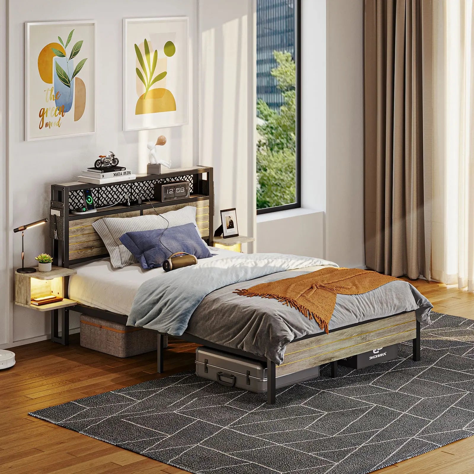 Bestier Full Bed Frame with Horizontal Golden Stripe Storage Headboard - Sturdy Metal Platform Bed with Underbed Storage Space - Perfect for Small Bedrooms, Guest Rooms & Dormitories