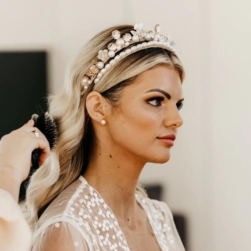 Sophia Bridal Pearl & Crystal Headpiece - Gold Tiara for Wedding, Prom & Special Occasions | A'el Este Bridal Accessories