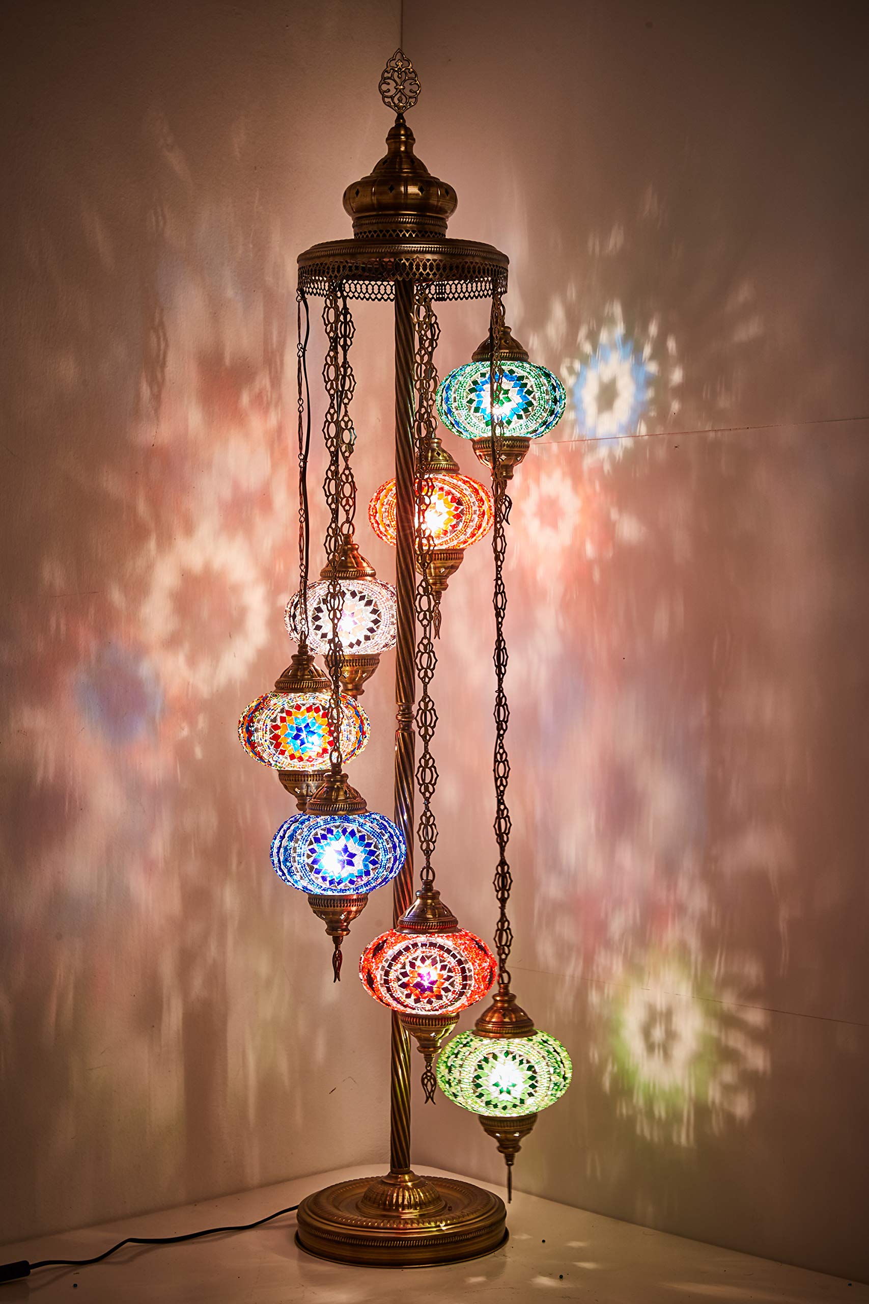 DEMMEX - 7 Large Globes Turkish Moroccan Mosaic Floor Lamp, 5-Foot Tall Tiffany-Style Bohemian Standing Lamp with 7-Inch Handcrafted Glass Globes - Boho Chic Lighting for Living Room, Bedroom, Office & Meditation Spaces