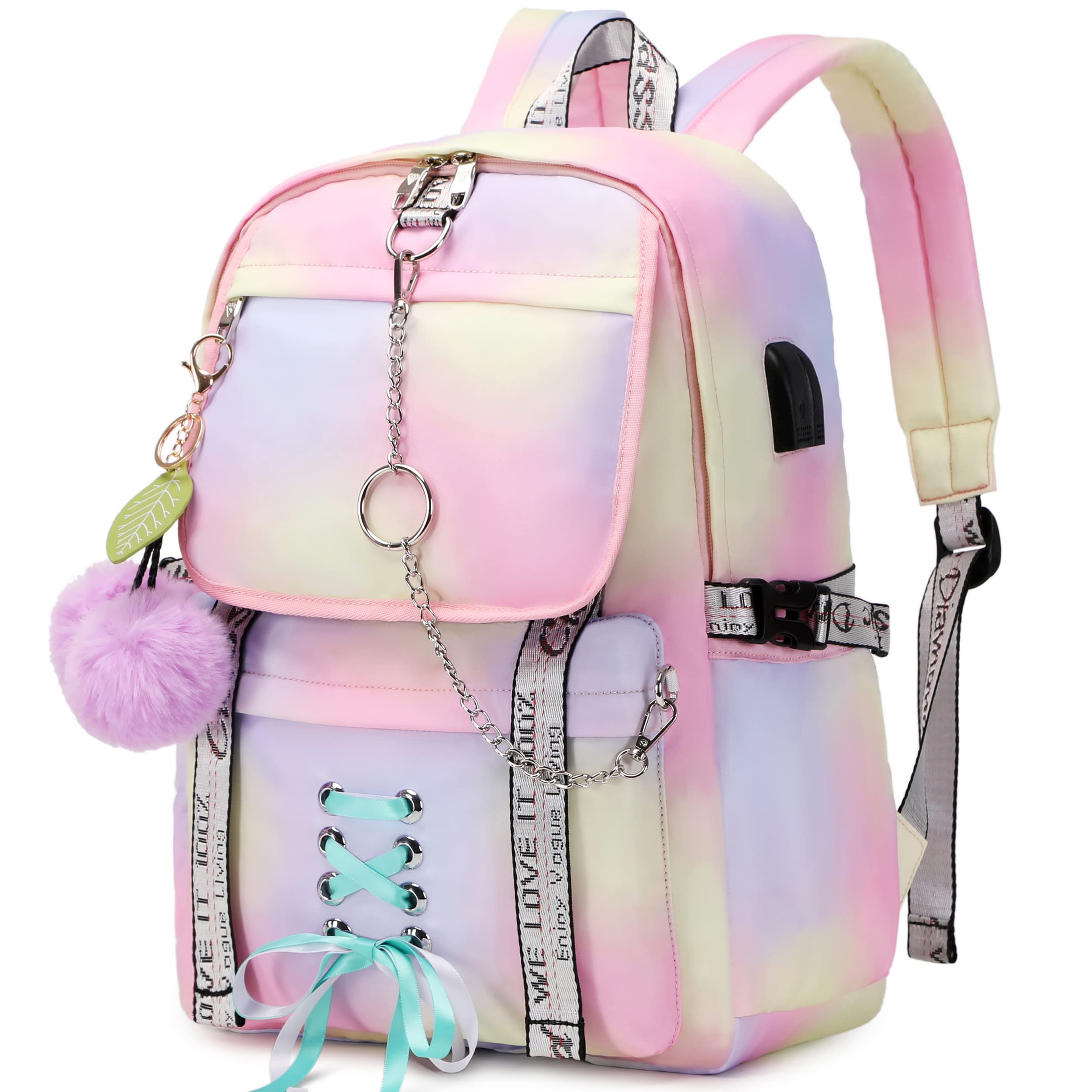 Hey Yoo Cute Pink Backpack Set for Teen Girls - School Backpack with Lunch Box, Aesthetic Bookbag for Middle & High School, College, Travel & Daily Use