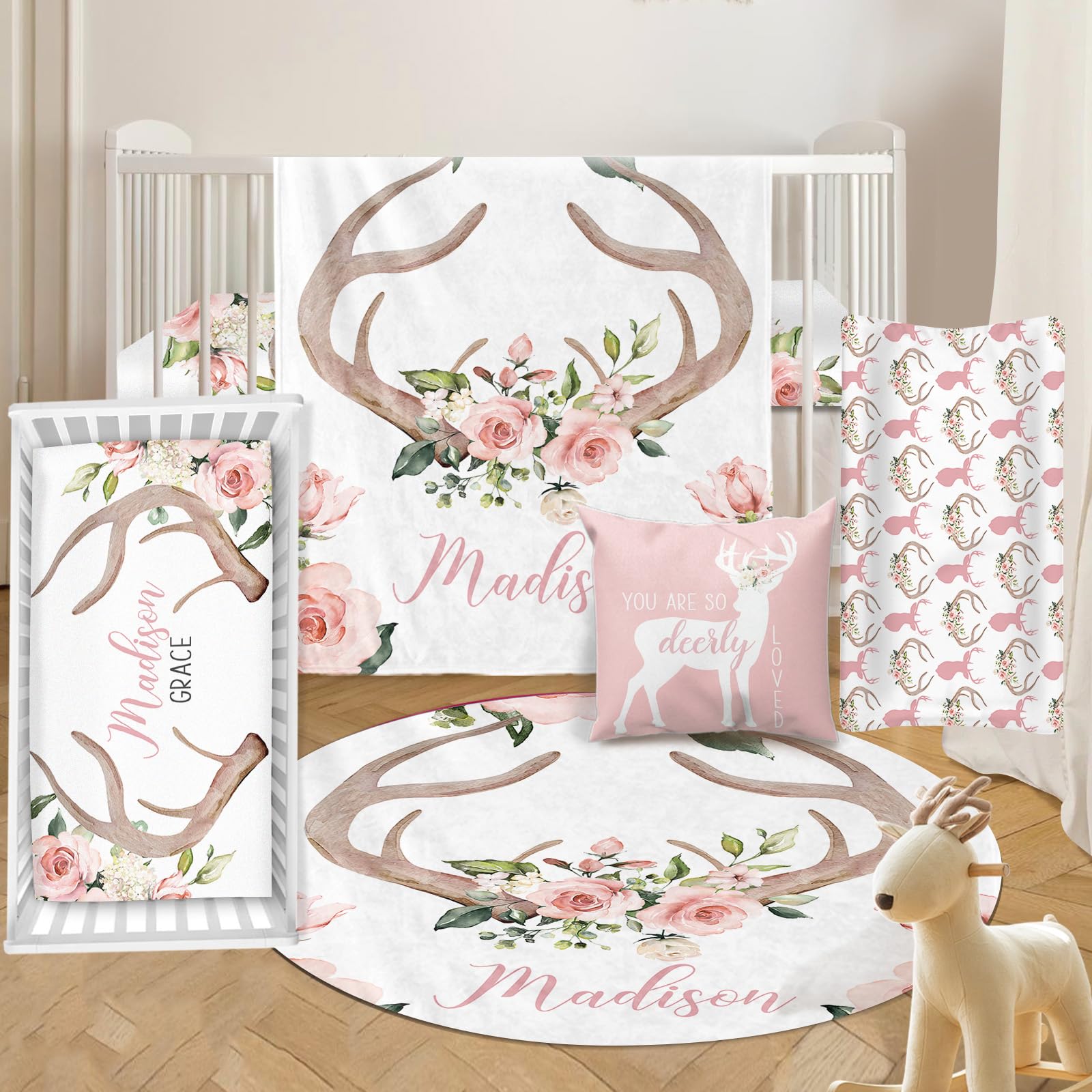 Personalized 5-Piece Baby Crib Bedding Set with Name - Pink Woodland Deer Nursery Set for Baby Girls | Custom Crib Sheets, Blanket & Decor | Perfect Baby Shower Gift & Nursery Essentials for Newborns & Toddlers