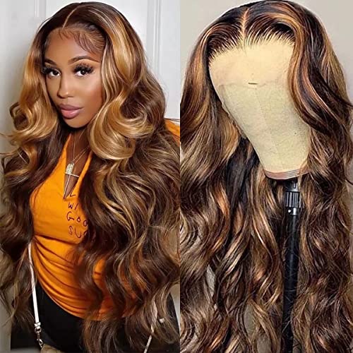 ISEE Hair 18 Inch Transparent Highlight Ombre Body Wave Lace Front Wig - 13x4 Lace Frontal Human Hair Wig for Black Women | 200% Density, Pre-Plucked with Baby Hair in 4/27 Color | Perfect for Daily Wear, Parties, and Special Occasions
