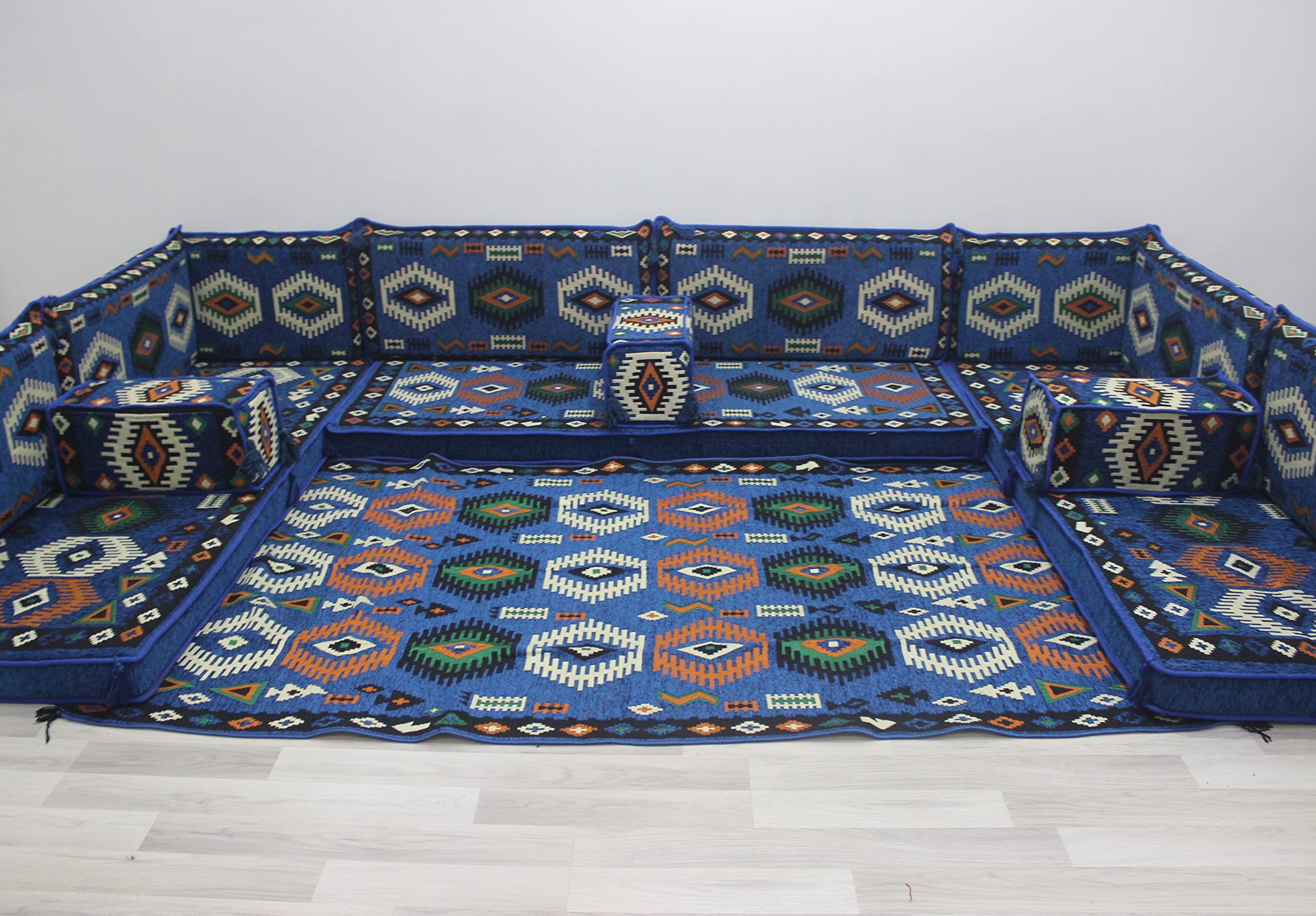 Royal Blue Large Floor Cushions - Premium Oriental Sofa Covers & Traditional Arabic Seating Pillows with Turkish Rug Set (U-Shaped Sofa + Rug) for Boho Living Room, Meditation Space & Middle Eastern Home Decor
