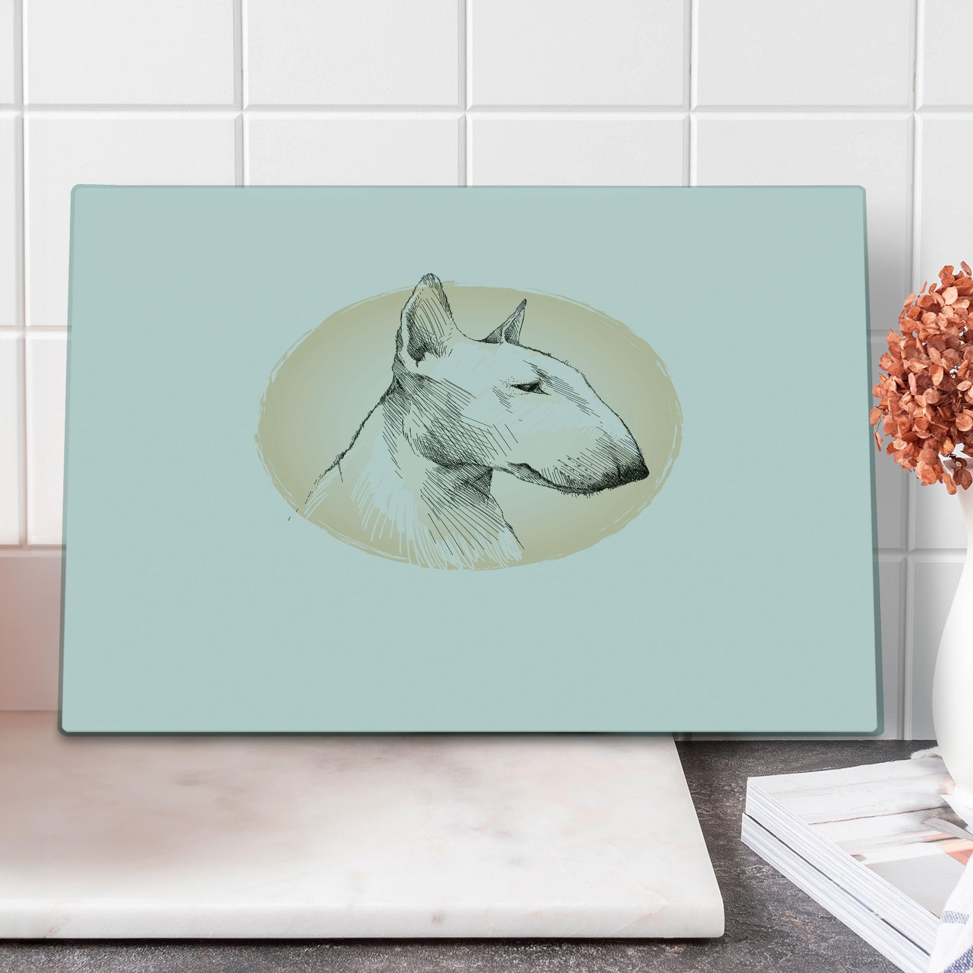 Lunarable Bull Terrier Tempered Glass Cutting Board - Hand Drawn Dog Sketch with Breed Name - Large Round Decorative Serving Board in Beige, White, Charcoal Grey & Dark Pink - Perfect for Kitchen Prep, Charcuterie Serving & Dog Lover Gifts