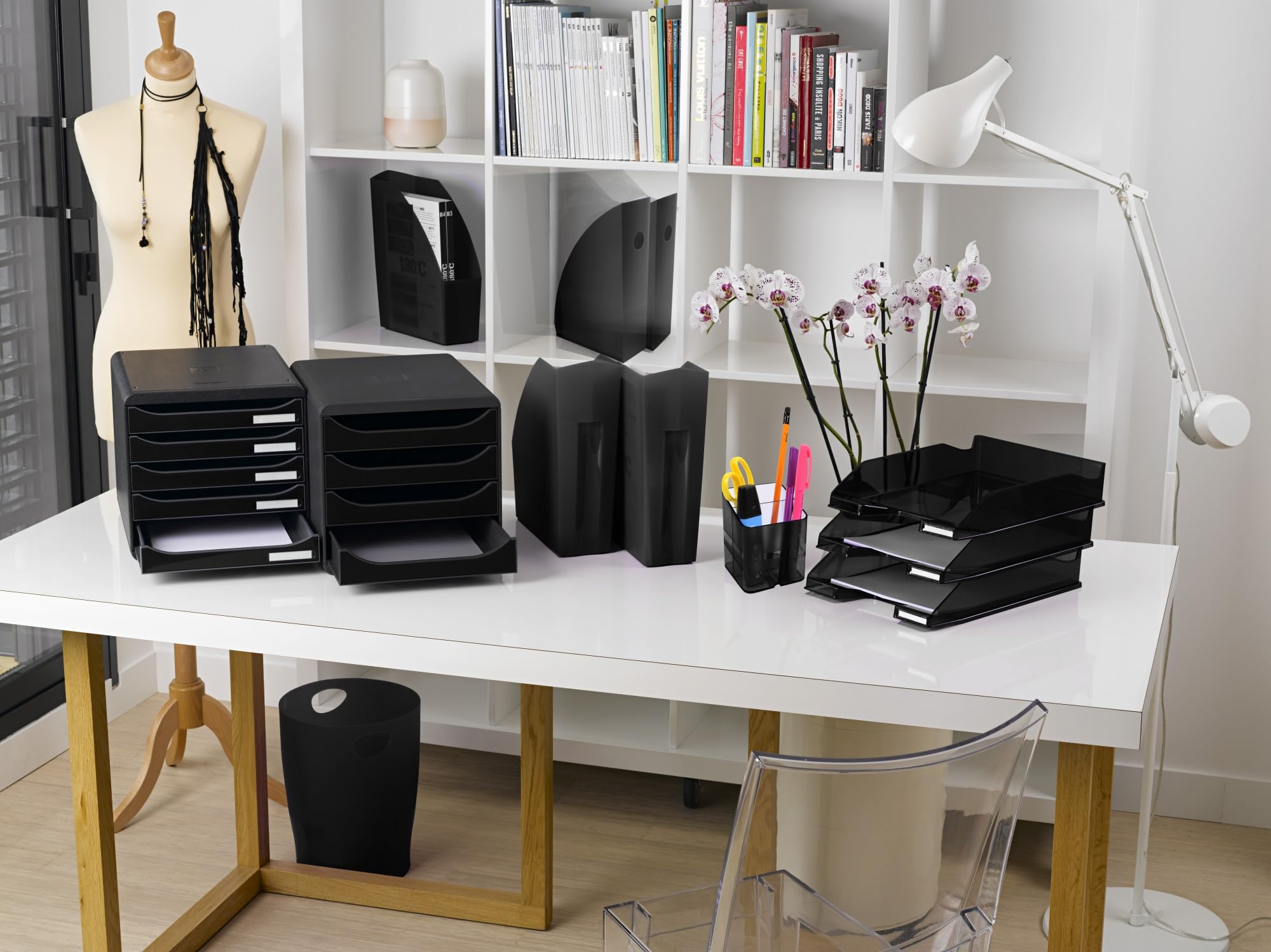 Exacompta 4-Drawer Big-Box Glossy File Cabinet - Black & Glossy Black for Office Organization & Document Storage