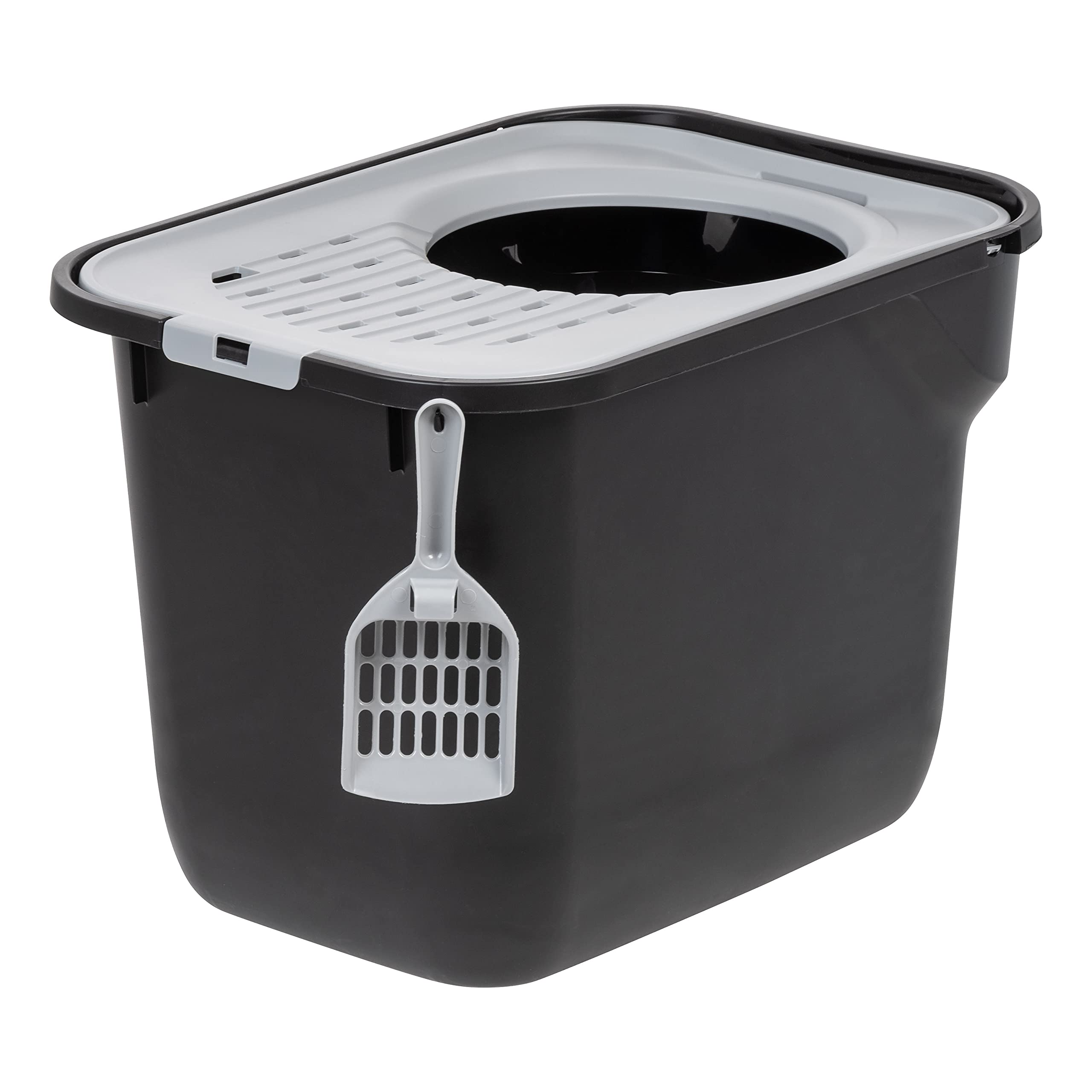 IRIS USA Large Top Entry Cat Litter Box with Scoop & Litter Catching Lid - Enclosed Kitty Litter Box for Odor Control (Black/Gray) - Perfect for Small Spaces & Multi-Cat Homes
