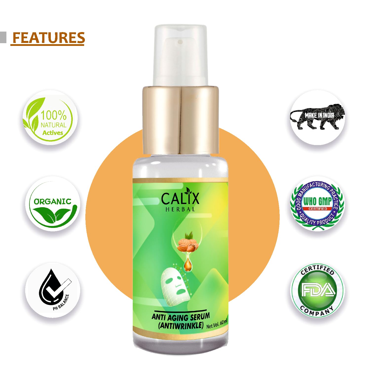 Calix Herbal Organic Ayurvedic Anti-Aging Face Serum for Men & Women – Reduce Wrinkles, Tighten Skin & Brighten Complexion | All Skin Types | 60ml | Perfect for Daily Skincare Routine & Nighttime Anti-Wrinkle Treatment
