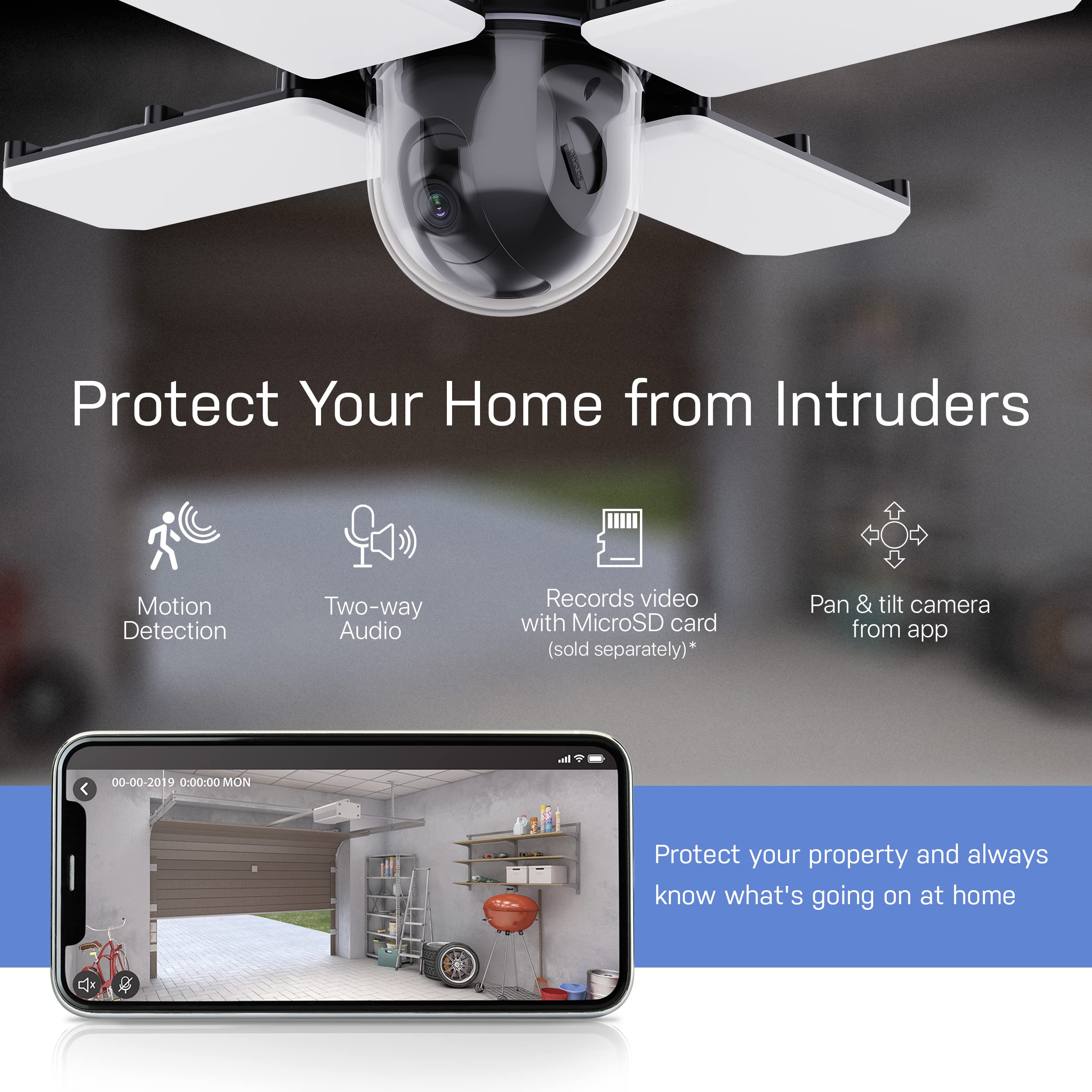 Feit Electric Smart LED Garage Ceiling Light with Built-in Security Camera - WiFi 2.4GHz, E26 Screw-in Base, Motion Sensor, Two-Way Audio & Video Alerts - 12,000 Lumens 5000K Dimmable - Ideal for Home Security, Garage Lighting & Smart Home Integration