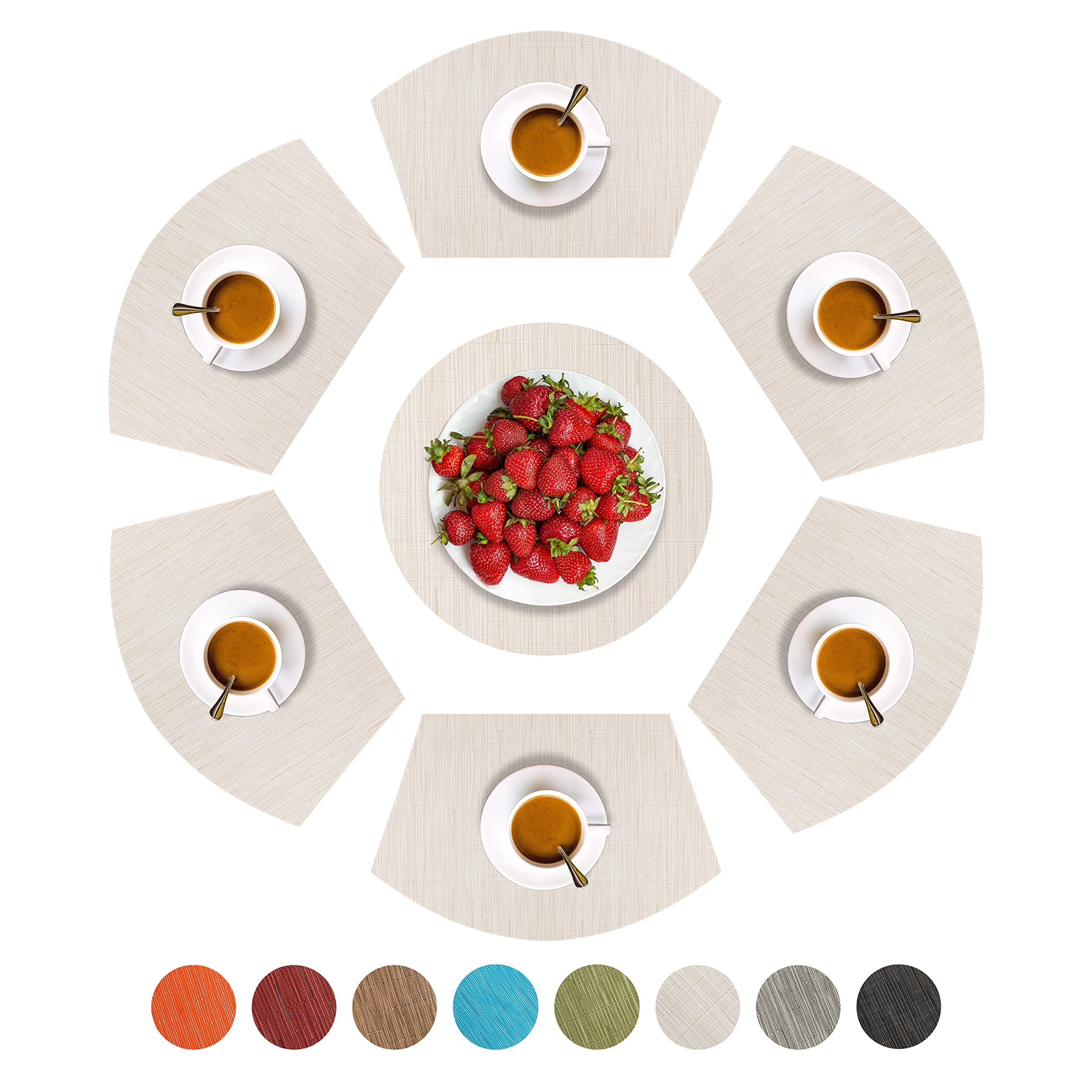 SnowKingdom Round Table Placemats Set of 7 - Heat Resistant Vinyl Placemats for Dining Table Decor, Wedge Shape for Restaurants, Hotels & Parties (Beige) - Perfect for Holiday Dinners, Wedding Receptions & Formal Events