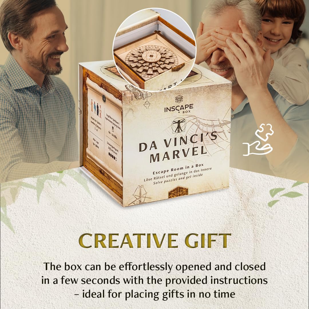 INSCAPE Da Vinci's Marvel Wooden Puzzle Box - Escape Room in A Box Game for Adults with Hidden Compartments - Challenging Brain Teaser & Mind Puzzles - Perfect Birthday Gift for Puzzle Lovers (Great for Game Nights, Team Building, and Escape Room Enthusiasts)