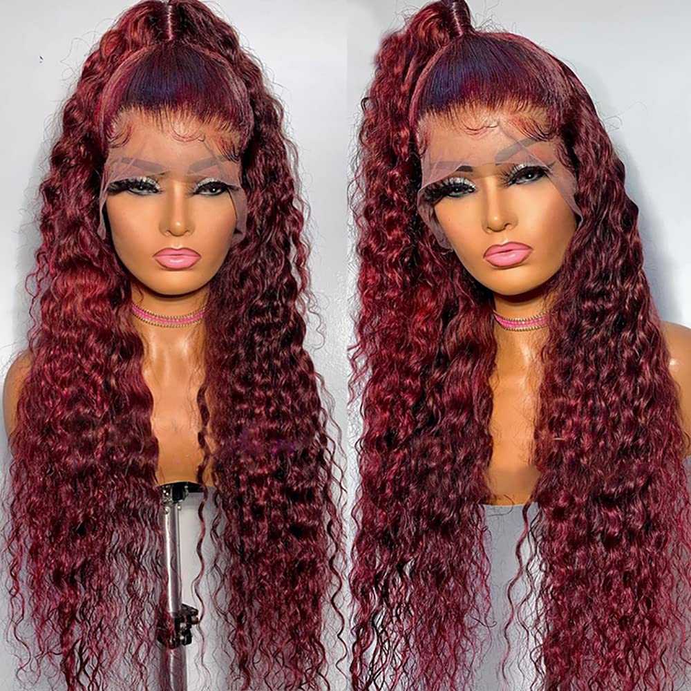 99J Burgundy Lace Front Wig - 16 Inch Brazilian Remy Human Hair with Pre-Plucked Hairline & Baby Hair | Natural Curly Virgin Hair Lace Frontal Wig for Black Women | Perfect for Daily Wear, Parties & Special Occasions