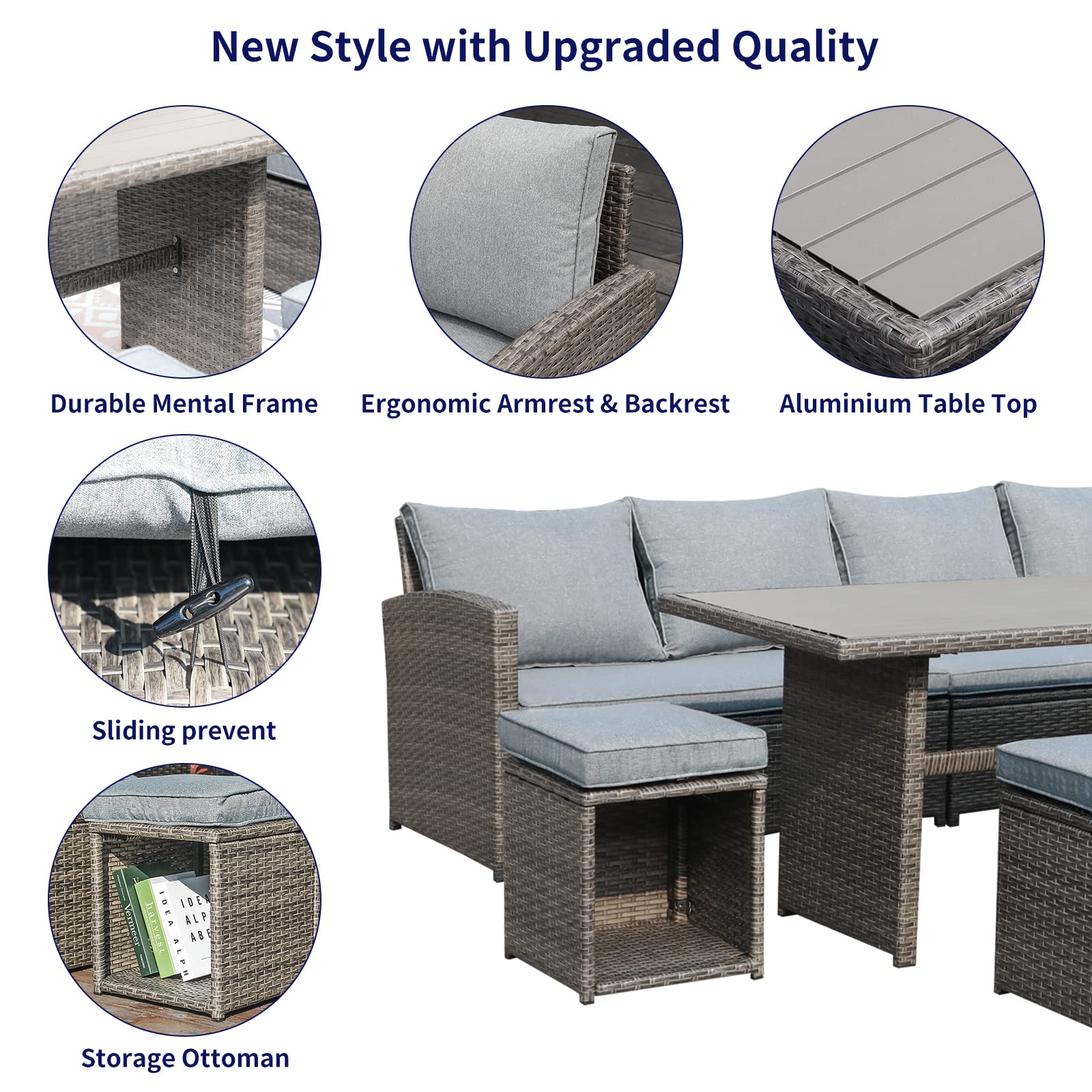 Verano 7-Piece Outdoor Patio Furniture Set - All-Weather Wicker Rattan Dining & Conversation Set with Cushions & Ottoman in Gray - Perfect for Garden, Backyard, Poolside & Outdoor Entertaining