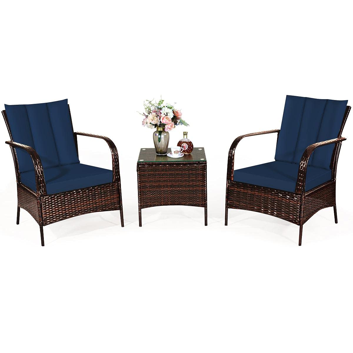 Hysache 3-Piece Outdoor Patio Furniture Set with Tempered Glass Tabletop & Cushions - All-Weather Wicker Rattan Sofa Set for Garden, Poolside, Balcony or Backyard (Navy Blue) | Perfect for Relaxing, Entertaining & Outdoor Dining
