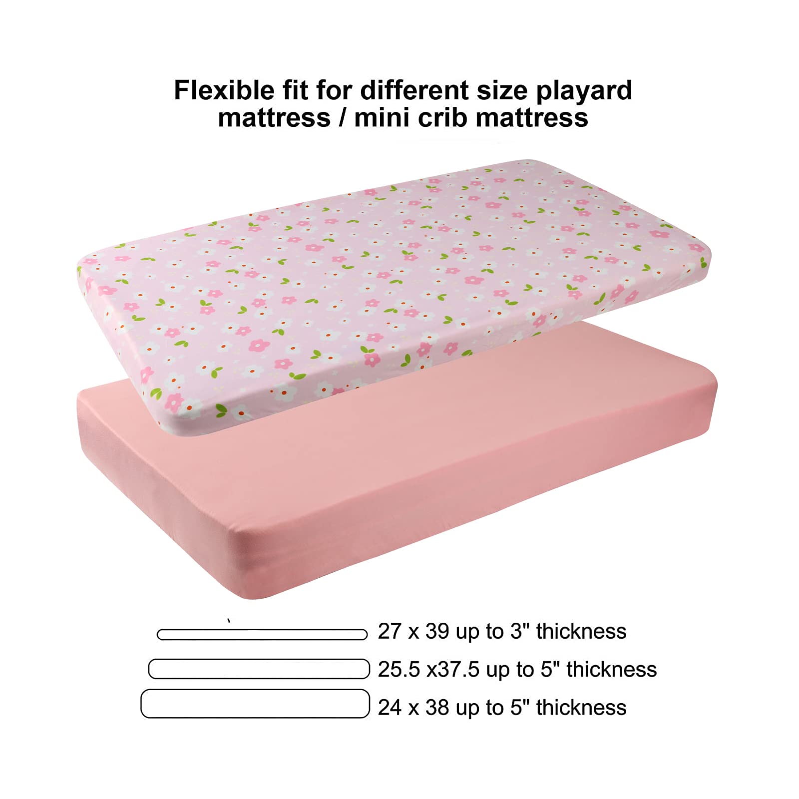 3 Pack Stretchy Jersey Knitted Fitted Pack n Play Sheets for Baby Girls - Soft Portable Mini Crib & Playard Mattress Cover, Pink Floral - Perfect for Nursery, Travel & Daycare Use