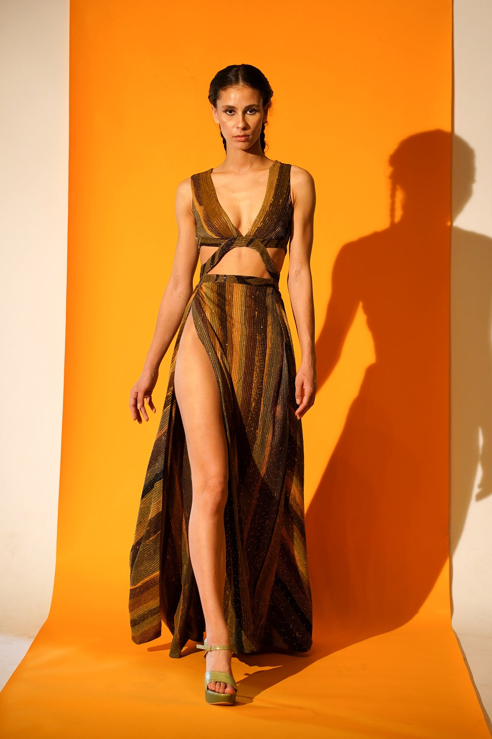 Elegant Green Stripe Print Cut Out High Slit Dress for Women - Sexy Party & Evening Gown for Night Out, Club, Date Night & Special Occasions