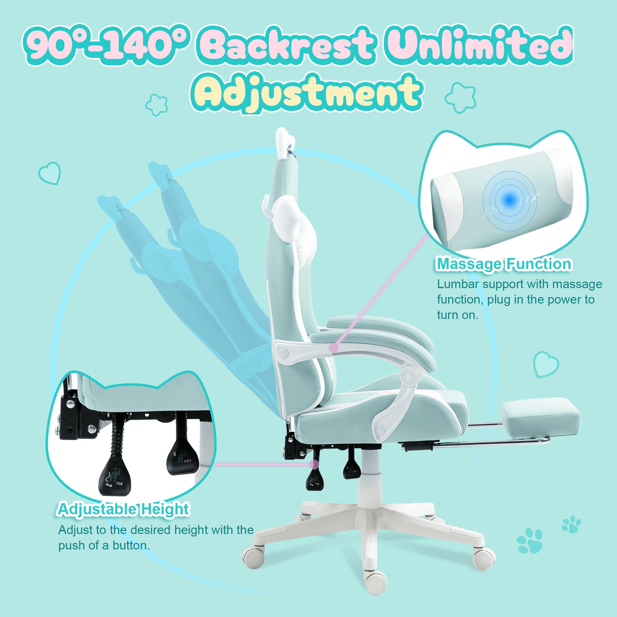Dowinx Ergonomic Gaming Chair with Cat Ears - Massage Lumbar Support & Adjustable Footrest - Blue Green Computer Chair for Women, Teens & Adults (290lbs Capacity) - Perfect for Esports, Streaming & Home Office Setup