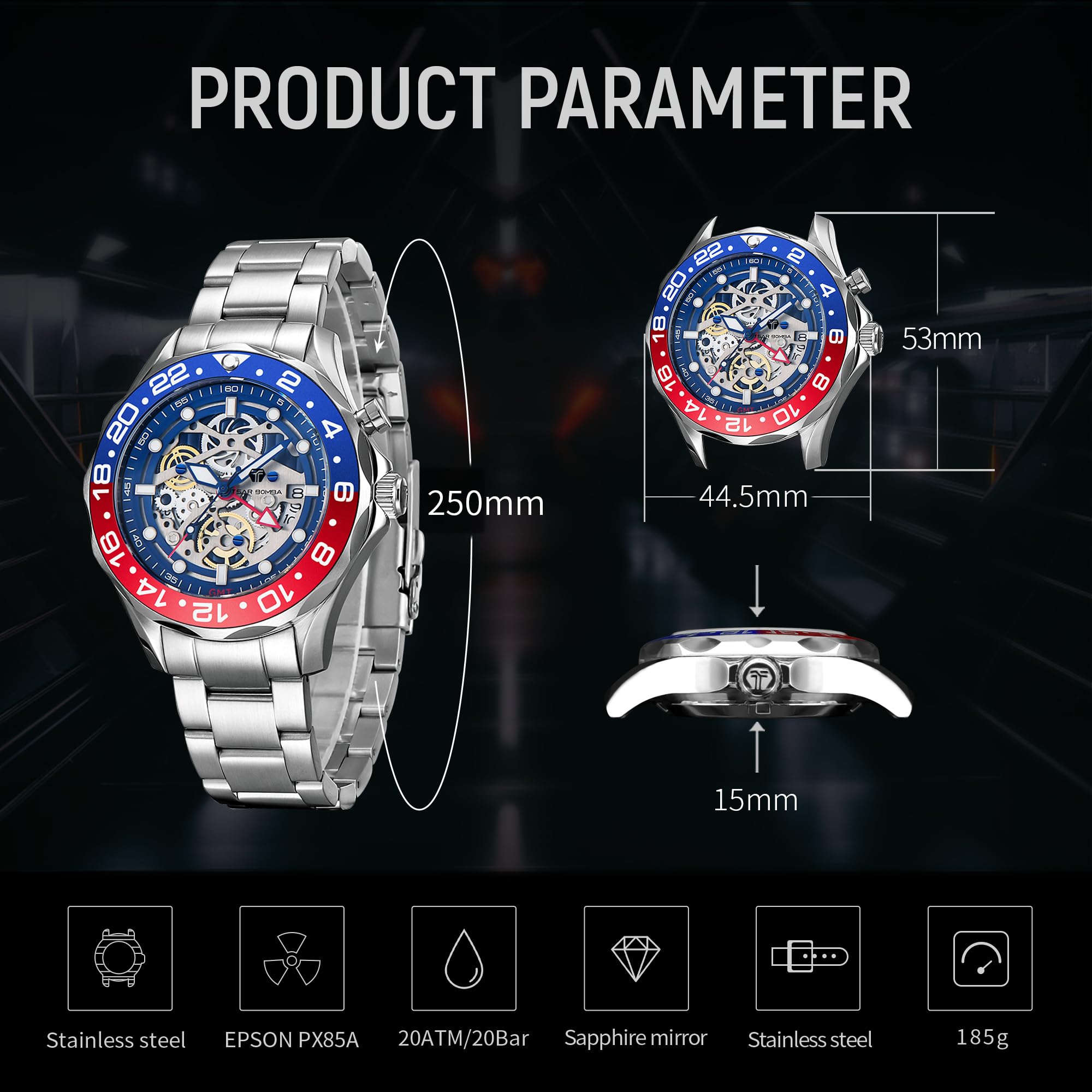 **TSAR BOMBA Luxury Automatic Square Skeleton Watch for Men – 50M Waterproof Mechanical Silver Wrist Watch with Silicone Strap – Stylish & Unique Replica Tonneau Design – Perfect for Business, Casual & Formal Occasions**