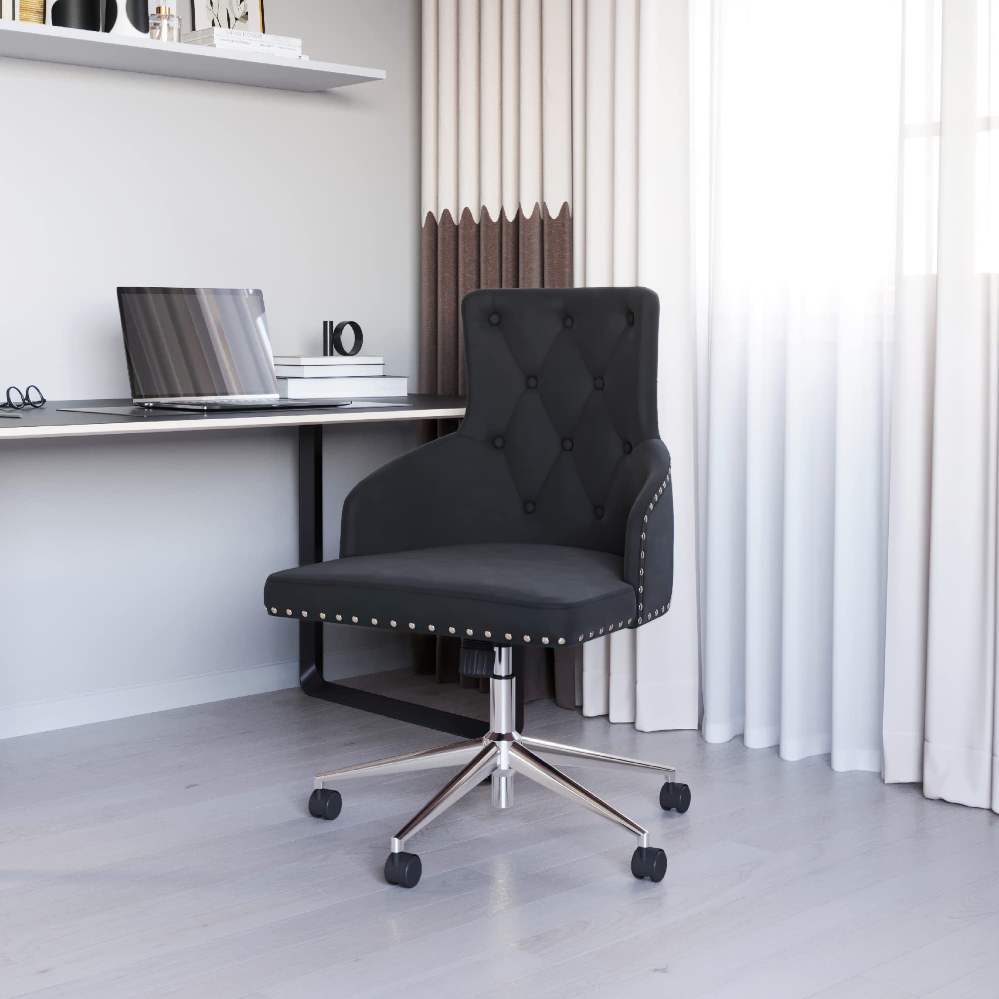 BELLEZE Modern Velvet Desk Chair - Adjustable Height Swivel Office Chair with Wheels & Tufted Upholstered Seat for Home Office, Bedroom Vanity or Study Room - Ergonomic Computer Chair for Work & Gaming (Black)