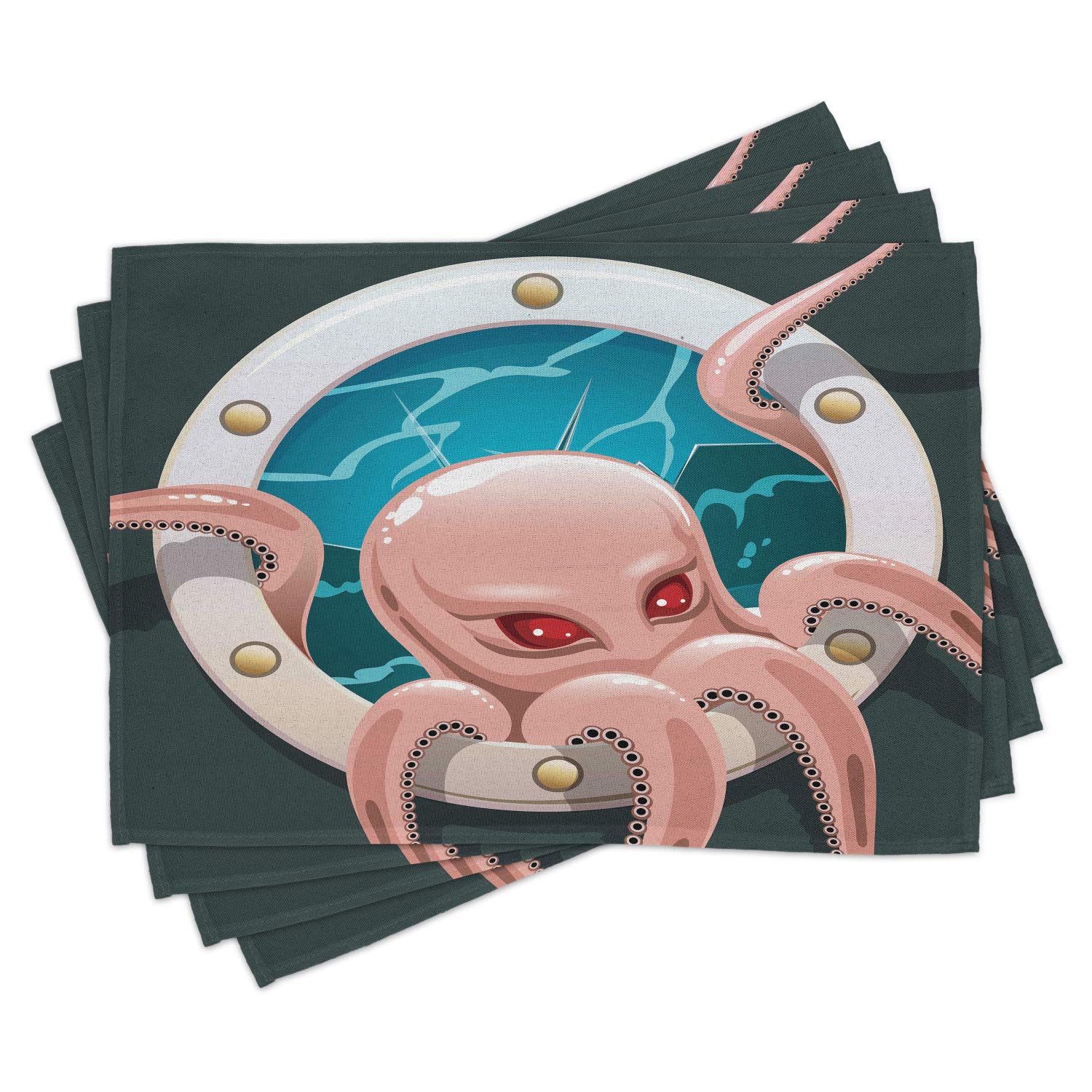 Lunarable Octopus Place Mats Set of 4 - Kraken Tentacles in Ship Porthole Retro Art, Washable Fabric Table Mats for Dining Room & Kitchen Decor (Grey, Pink, Blue) - Perfect for Seafood Dinners & Nautical Theme Parties